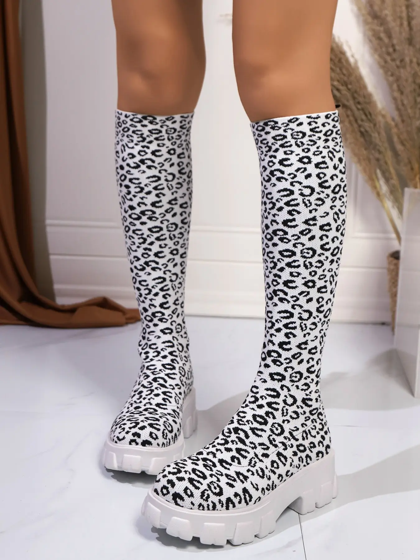 Women's Knit Elastic Sock Boots, Thick Sole Chunky Heel Mid-Calf Boots, Round Toe Slip-On Slim Fit Fashion Over-The-Knee Long Boots