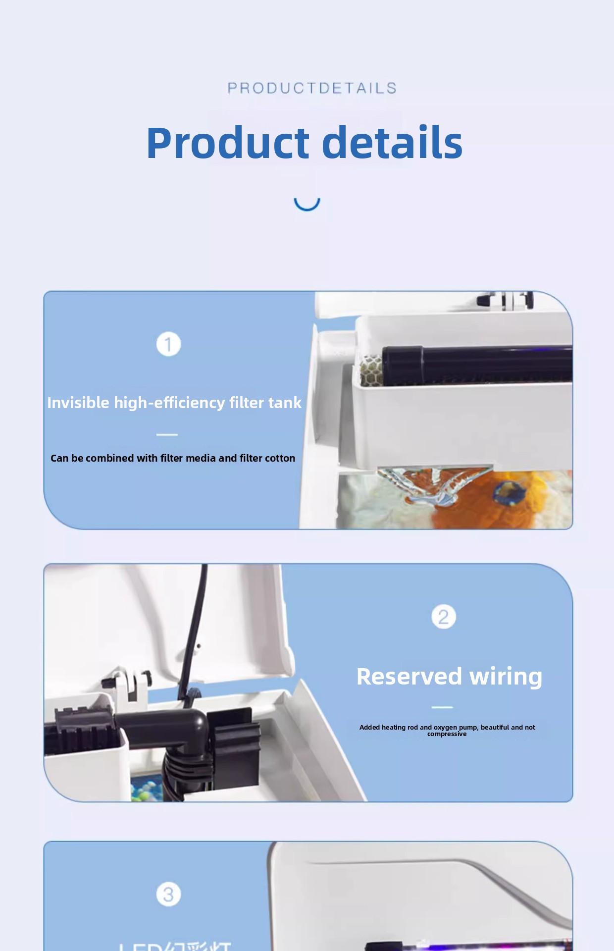 Hot Bending Ultra Clear Glass Fish Tank Self-Circulating Eco Aquarium Small Desktop For Living Room Home Decor Smart with LED Light and Filter Deshedding Brush Pets Dragon Stone Decoration