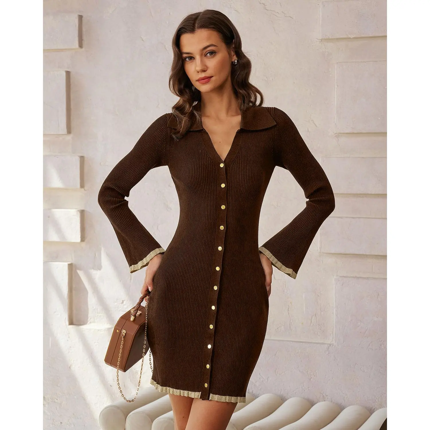 Brown Bodycon Button Sweater Dress