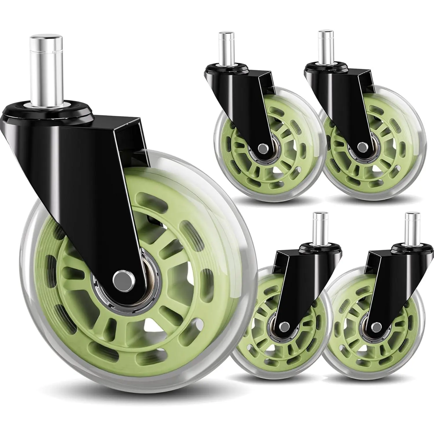 Green Office Chair Wheels 3" Roller Blade Chair Casters, Duty Quiet No Scratch Gaming Chair Wheel for Carpet, Set of 5, 11mm Fit/Not for 1KEA