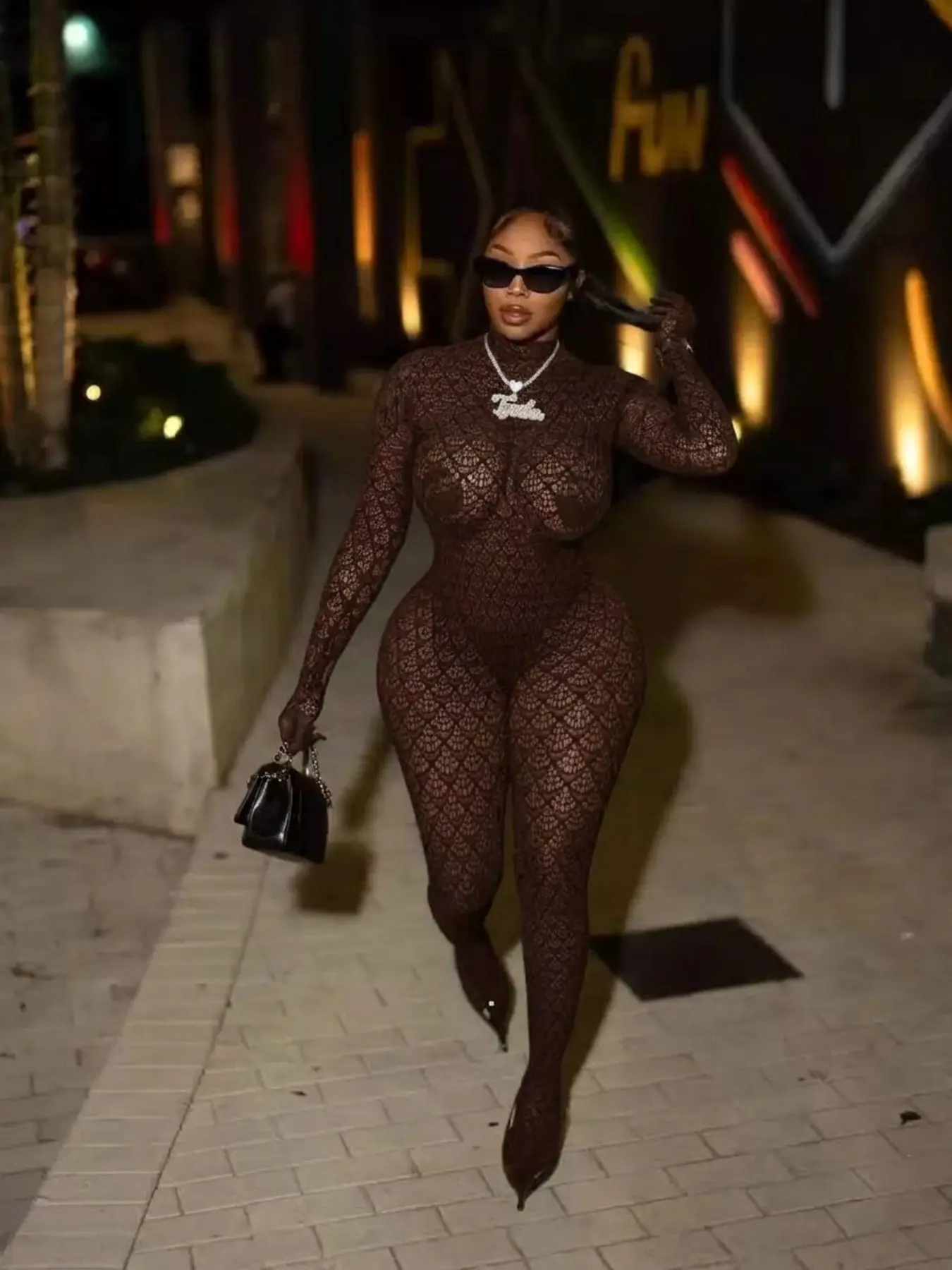Brown Diamond Lace High Neck Footed Catsuit for Curvy Women, Stretchy, Long Sleeve See Through Mesh Full Body Bodystocking, Stretch Curve Hugging Body Shaping Jumpsuit, Night Out Club Bar Party Rave Outfit Sexy Sheer Bodysuit One Size Plus Friendly