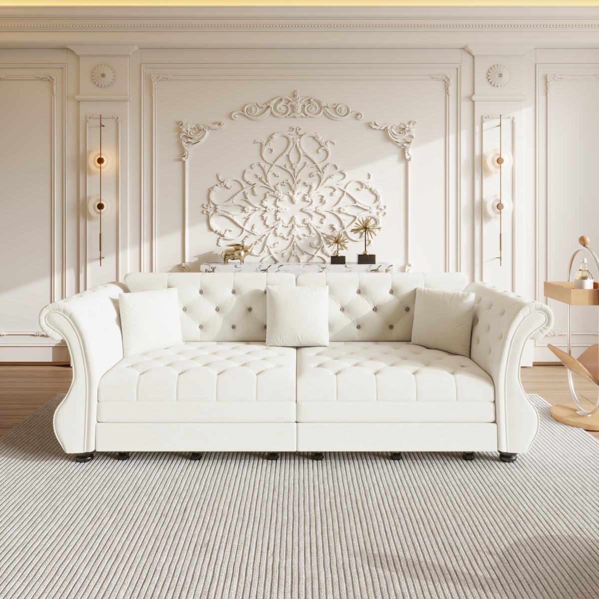 97.6" Oversized  Chesterfield Pull Out Sofa Bed, Classic Roll Arm Velvet Couch with Flower Tufting, Upholstery for Living Room/Bedroom/Apartment, Beige/White