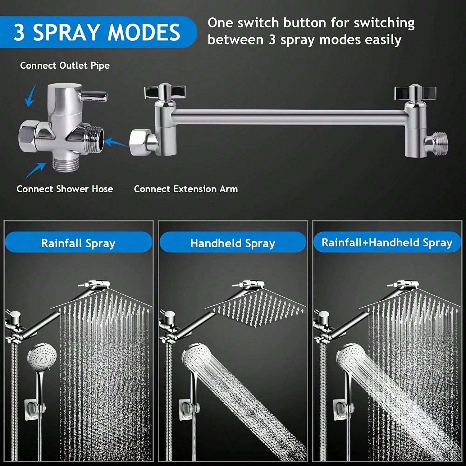 Rain Shower Head with Handheld Sprayer, 1 Set Shower Head Ensemble High Pressure Shower Head with Adjustable Extension Arm & 5 Settings Handheld Showerhead, Modern Bathroom Supplies, Rainfall Shower Head