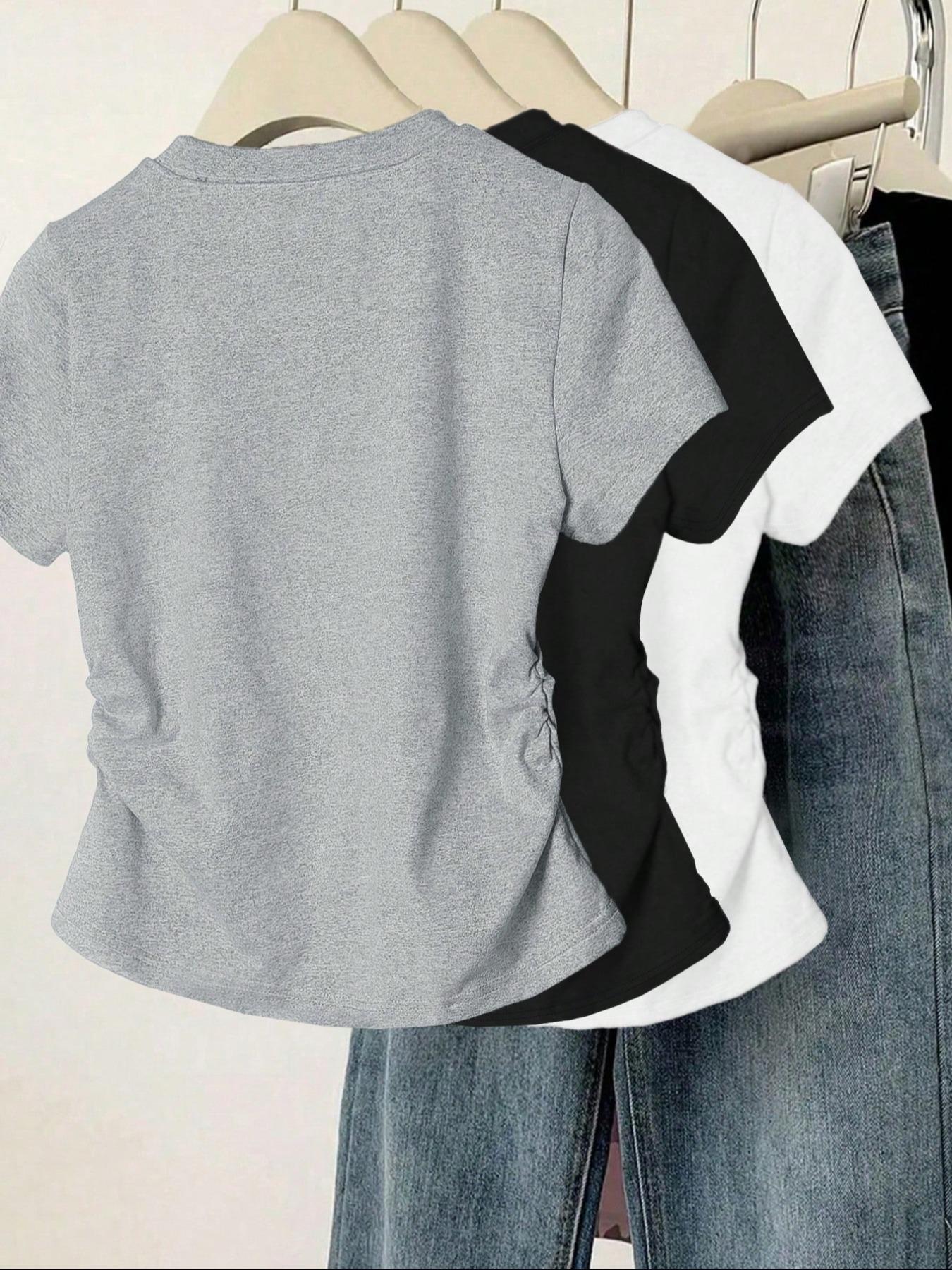 3pcs women's casual fashion slim fit small bow Butterfly print details simple solid color pleated pullover shirt women's round neck short sleeved three piece T-shirt