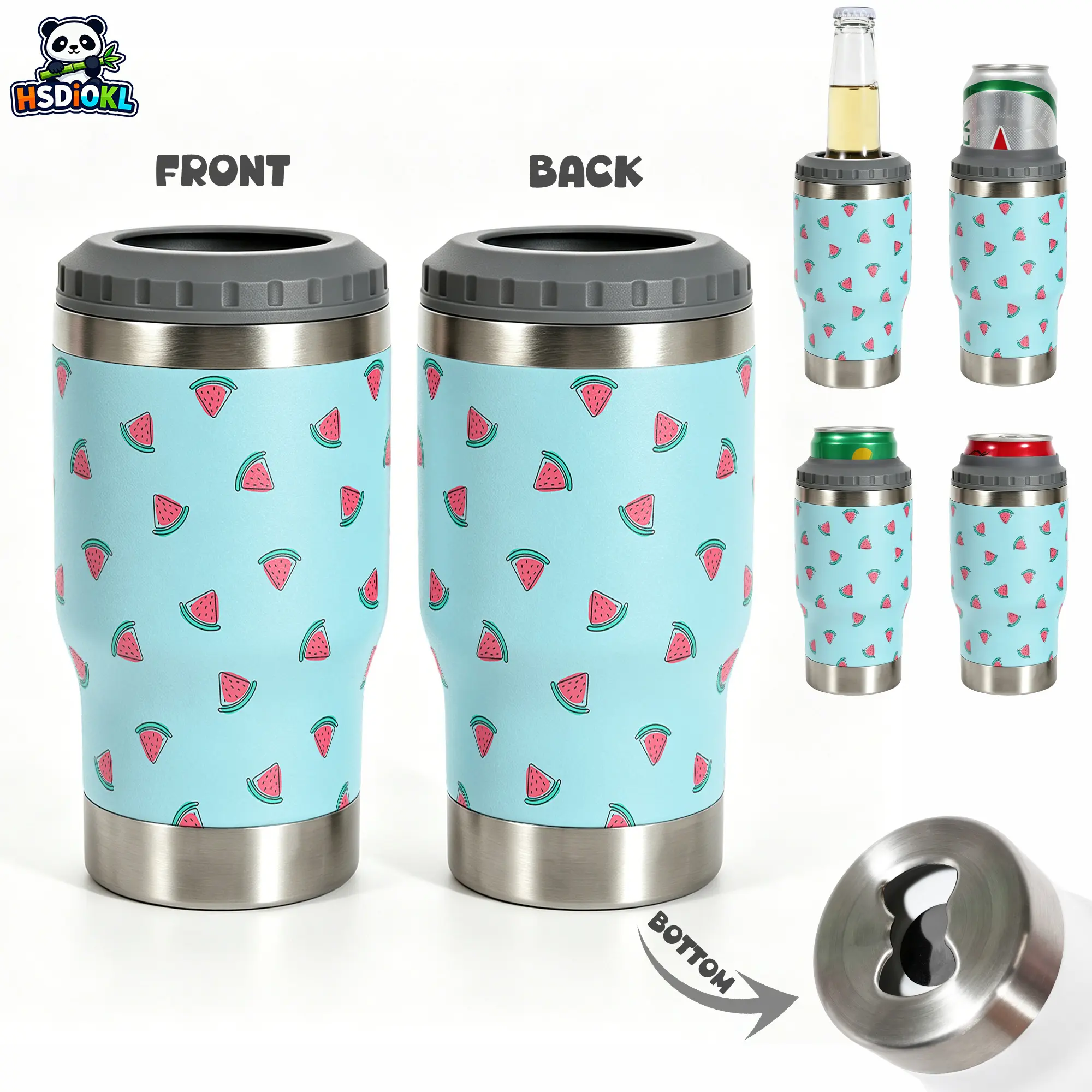 1 pc, 2-in-1 Vacuum Insulated Can Cooler with Bottle Opener, Stainless Steel Beer Can Insulator, Multi-functional Drink Holder for BBQ, Backyard Party, Beach, Camping, Tailgate, Road Trip, Ideal Beer Gifts & Gadgets for Men, Watermelon Pattern