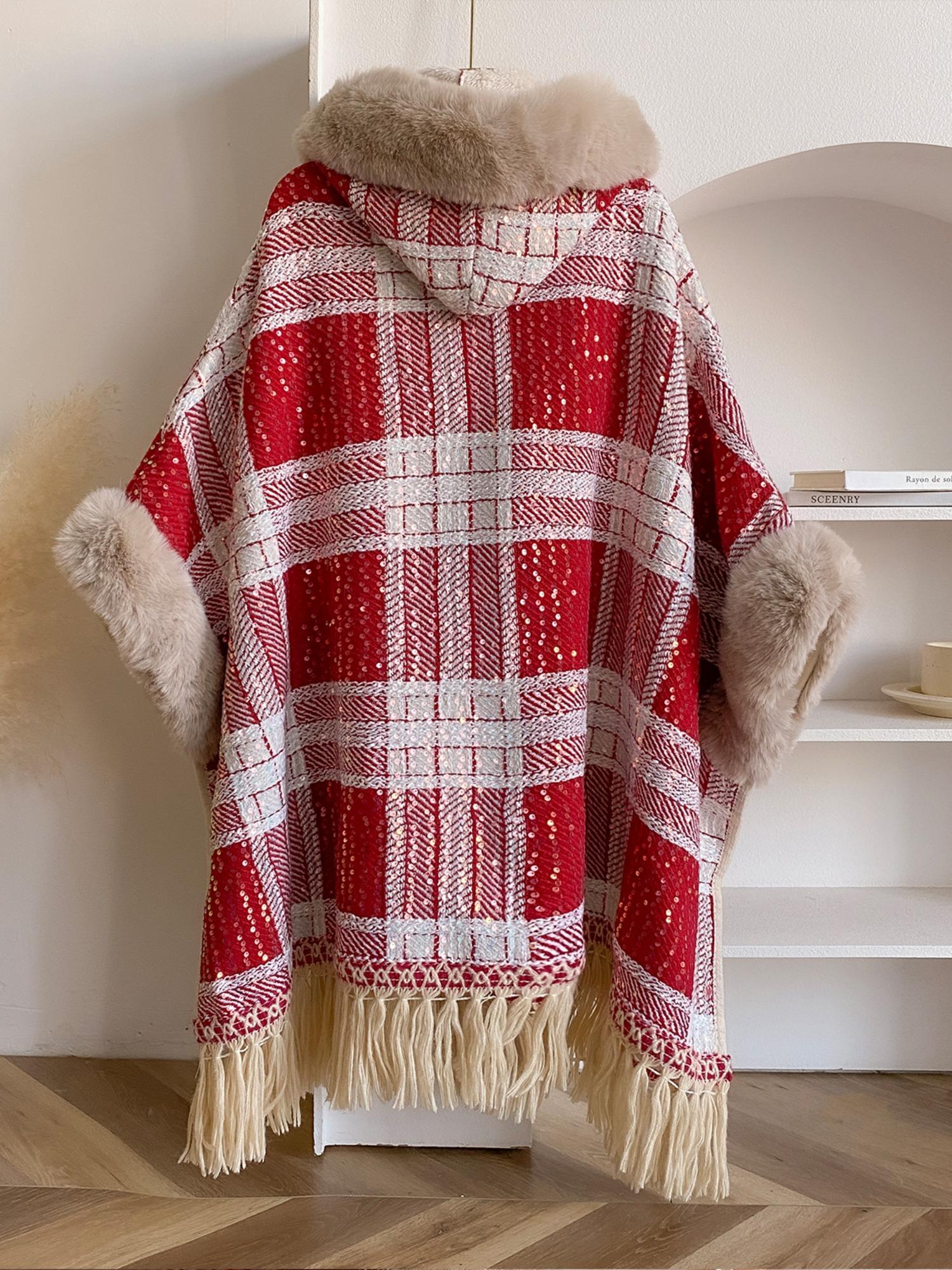 Women's Tartan Print Fur Trim Shawl Collar Cape Coat, Casual Fringe Trim Long Sleeve Open Front Outerwear for Fall & Winter, Women's Clothing for Daily Wear, Lady