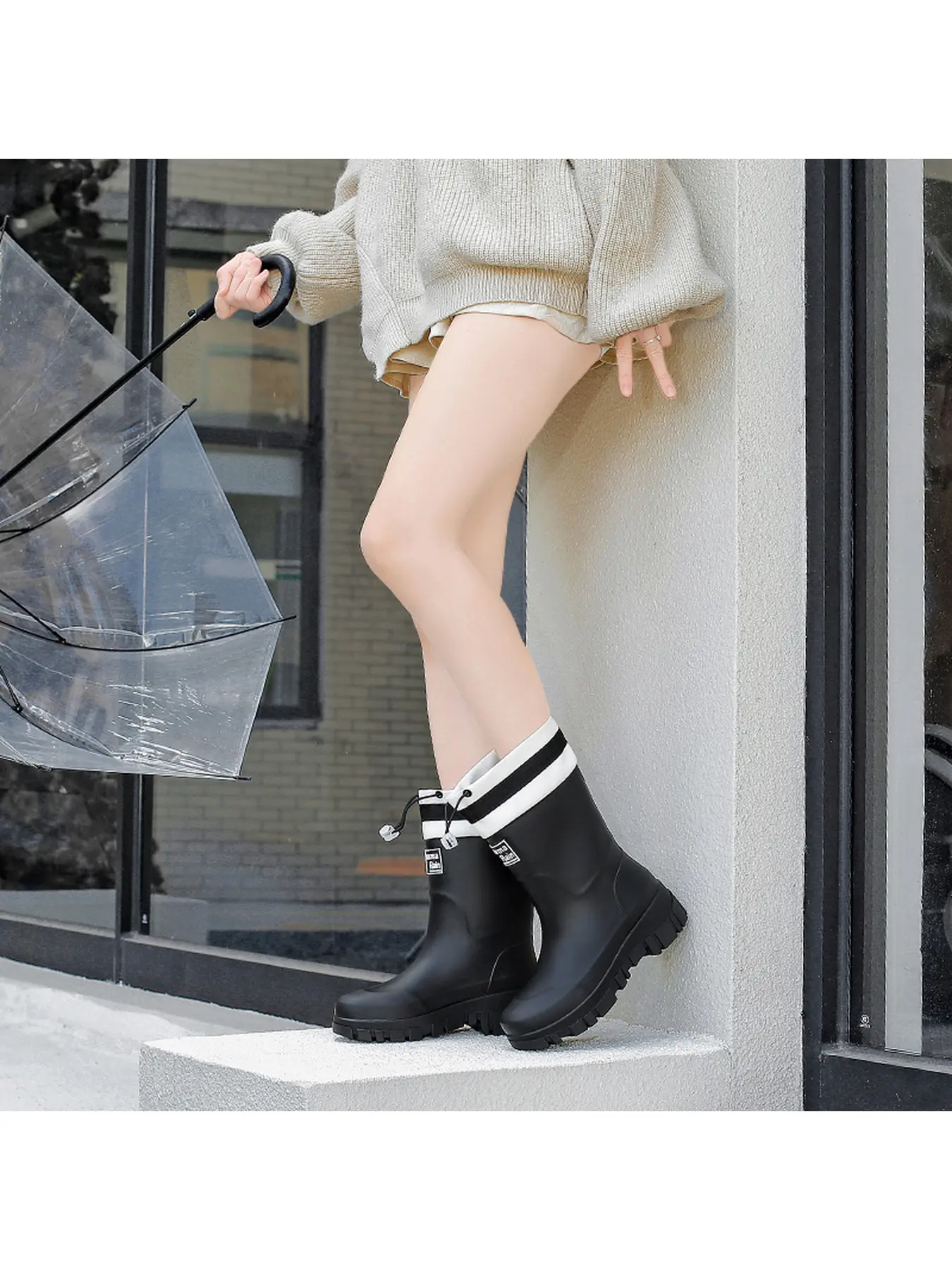 Women's waterproof mid-calf rain boots with drawstring cuffs, chunky heel, non-slip thick sole, lightweight rain shoes, suitable for gardening, hiking, and commuting.