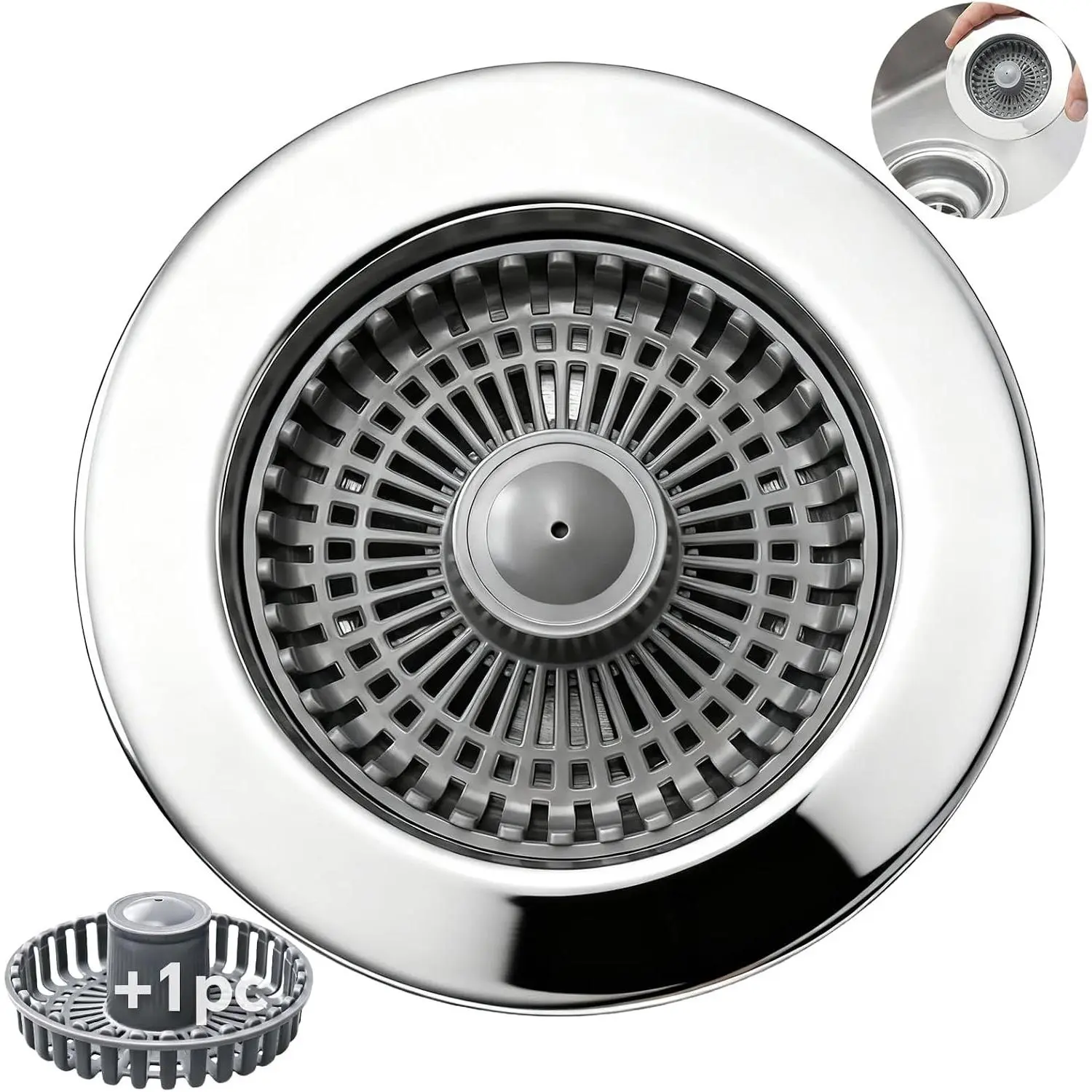 Solid Brass  3-in-1 Kitchen Sink Drain Strainer & Stopper, Heavy Duty Pop Up Plug Assembly with 2 Baskets, Anti-Clog  for  Standard 3-1/2 Inch Drains, Rust-Proof