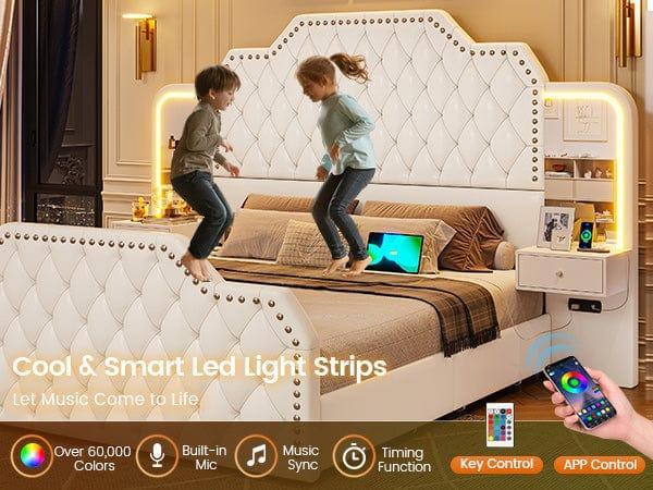 Sikaic PU Leather Upholstered LED Bed Frame with 2 Nightstands White Platform Bedframe Furniture Bedroom Diamond Tufted Headboard & RGB LED Light Strip