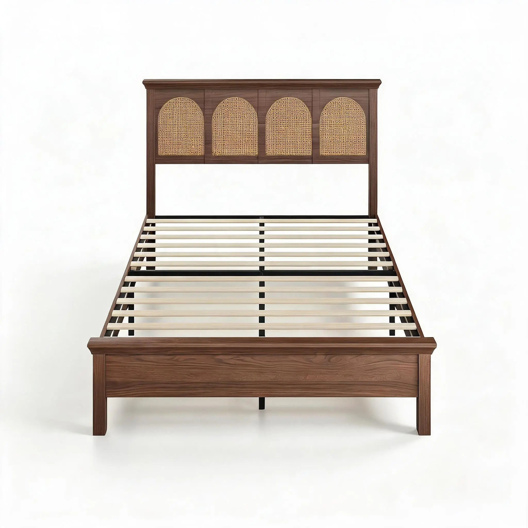 Boho Comfort Bed Frame - Woven Wicker Headboard, Rustic Acacia Wood Platform, Vintage Boho Style Bedroom Furniture, Full Size, Walnut