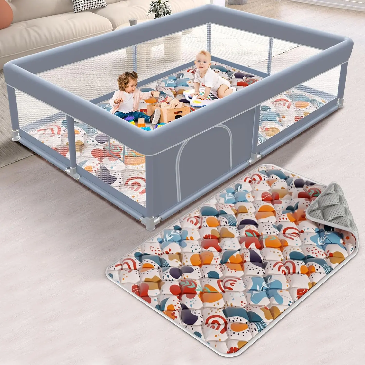 65x50 Inch Baby Playpen with Mat Set, Indoor/Outdoor Active Center Game Fence for Toddlers, Skin-Friendly Fabric & Breathable Mesh, Grey