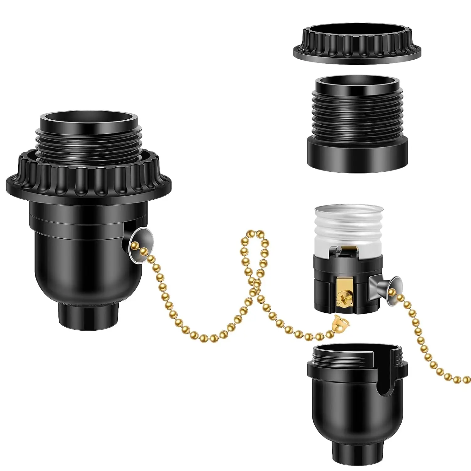 UL Listed E26 Light Socket, Threaded Lamp Socket  with Pull Chain  Medium Base Lamp  with Lamp Shade Ring Ring for Table lamp, Floor lamp, Light Fixture, Black 1-Pack