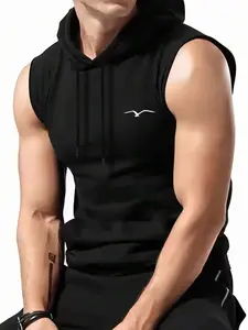 Men's Summer Lightweight Sporty Running Fitness Hooded Vest, Sleeveless Workout Vest, Fashion Casual Outdoor Top, Fitted Plain Surface Print