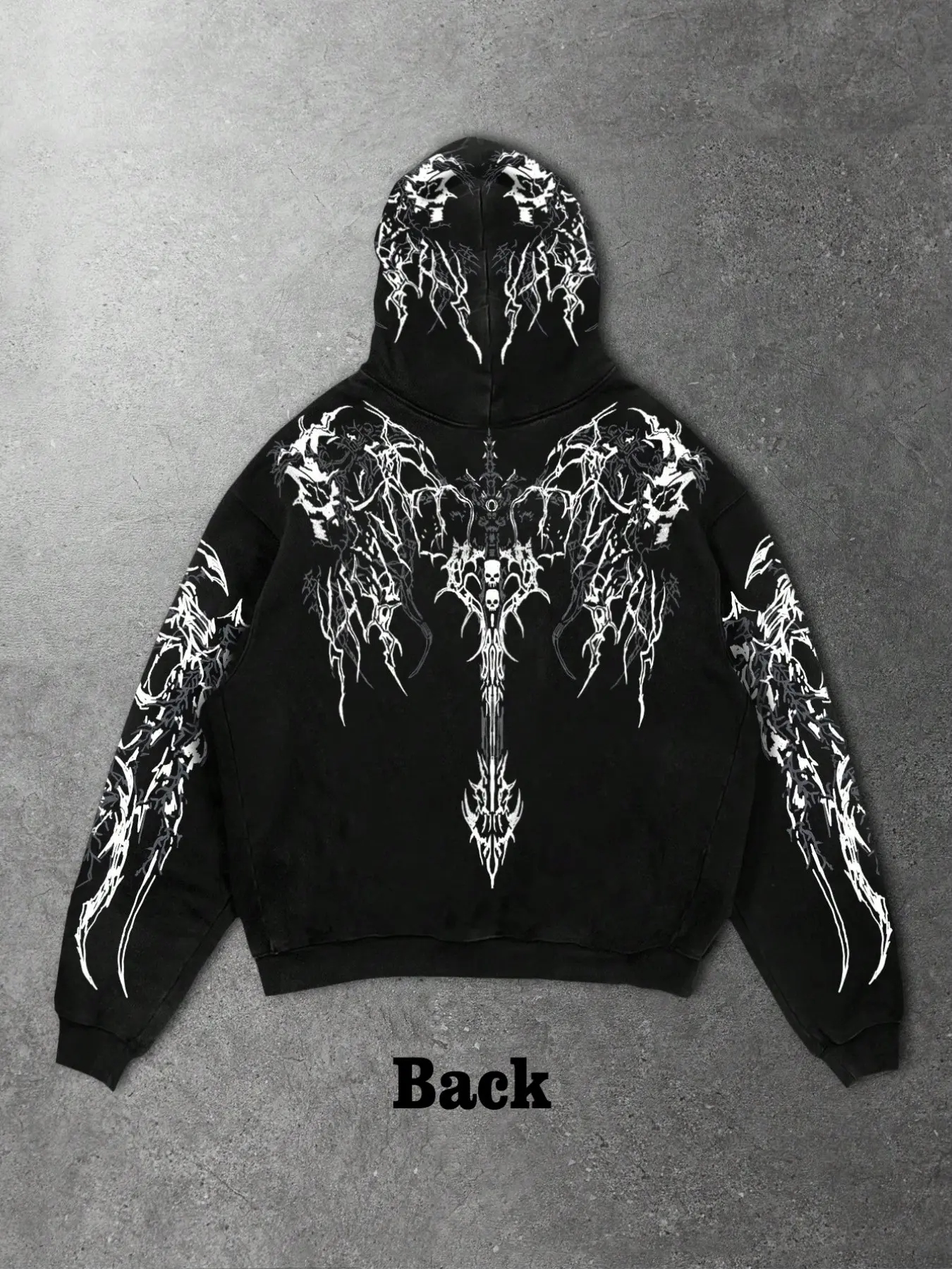 Men's Loose Hoodie, Gothic Thorns Skull Wings Print, Y2K Dark Punk Metal Streetwear, Long Sleeve Casual Top, Full Back Design
