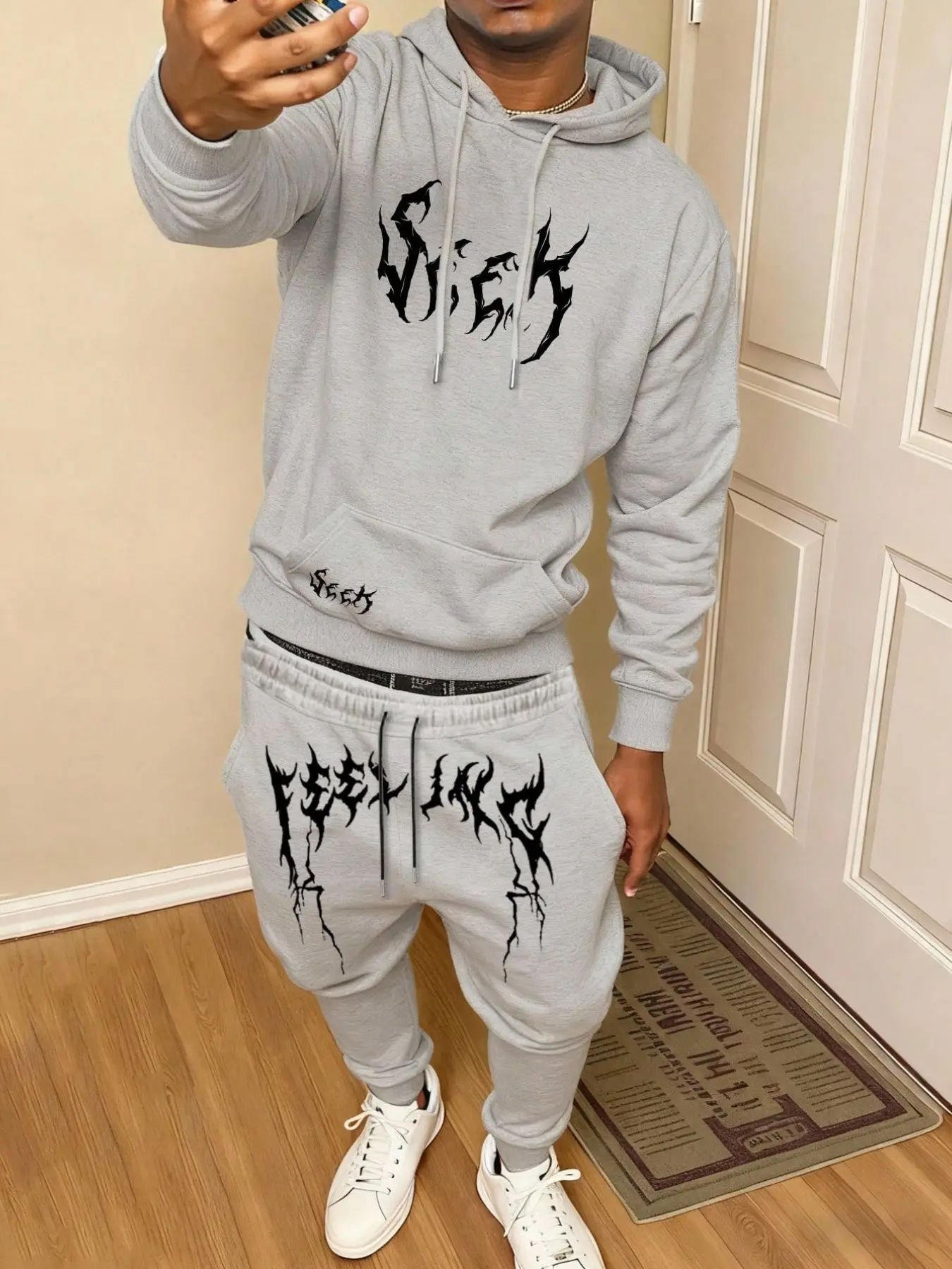 Men Gothic Letter Print Hoodie Tracksuit, 2 Piece Set, Streetwear Drawstring Waist Jogger Pants, Long Sleeve, Loose-Fit, Fall & Winter
