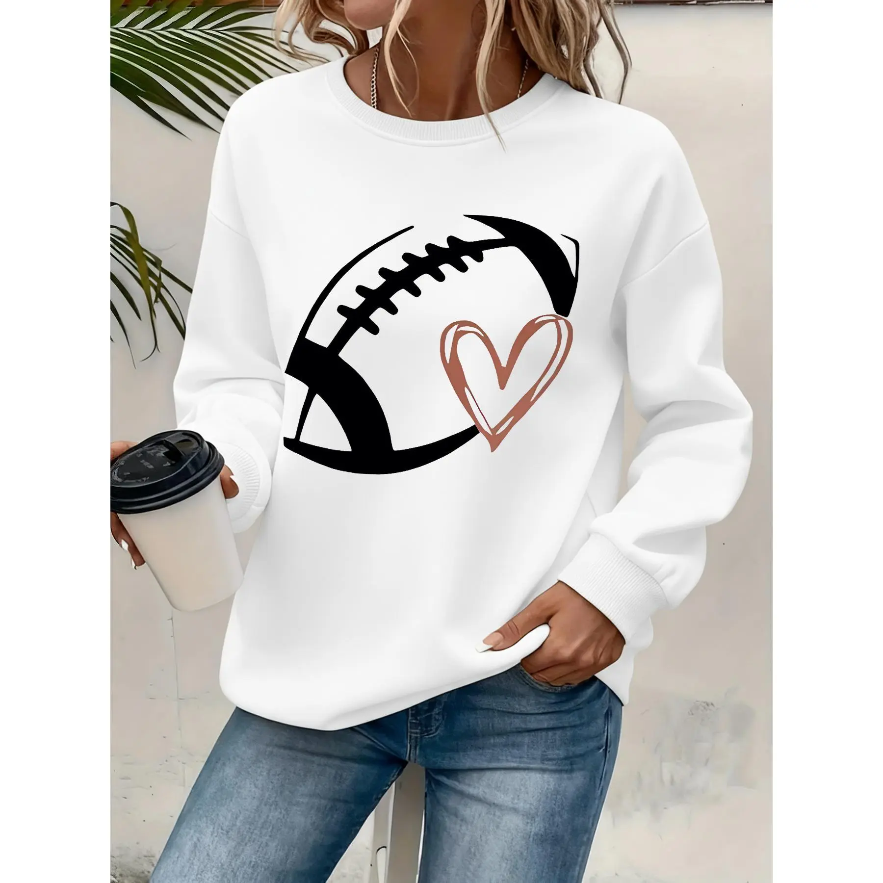 Women'S Stylish Round-Neck Sweatshirt, Featuring a Printed Design, Perfect for Autumn And Winter with Added Fleece