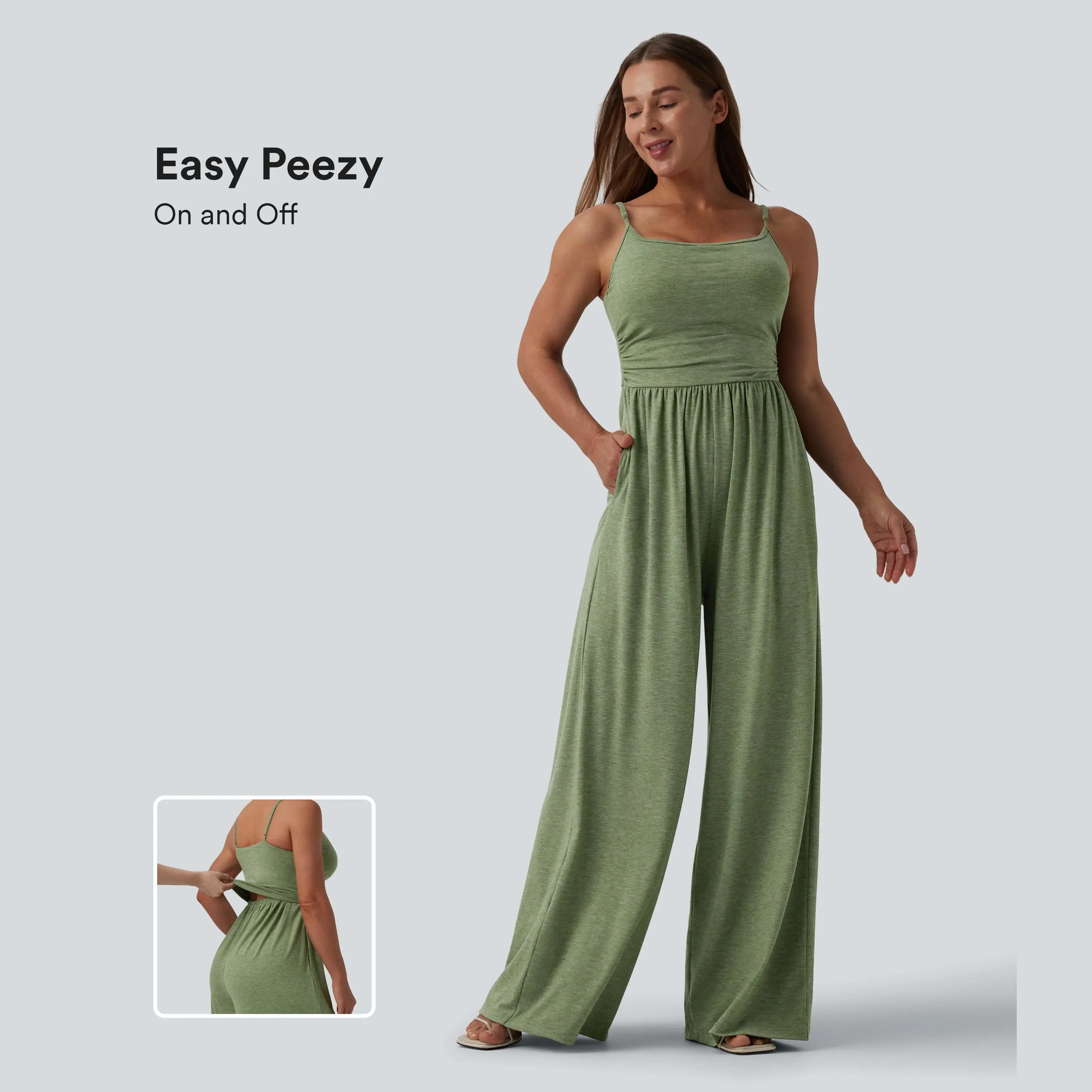 Halara Adjustable Straps Ruched Wide Leg Heathered Casual Jumpsuit with Pockets-Easy Peezy