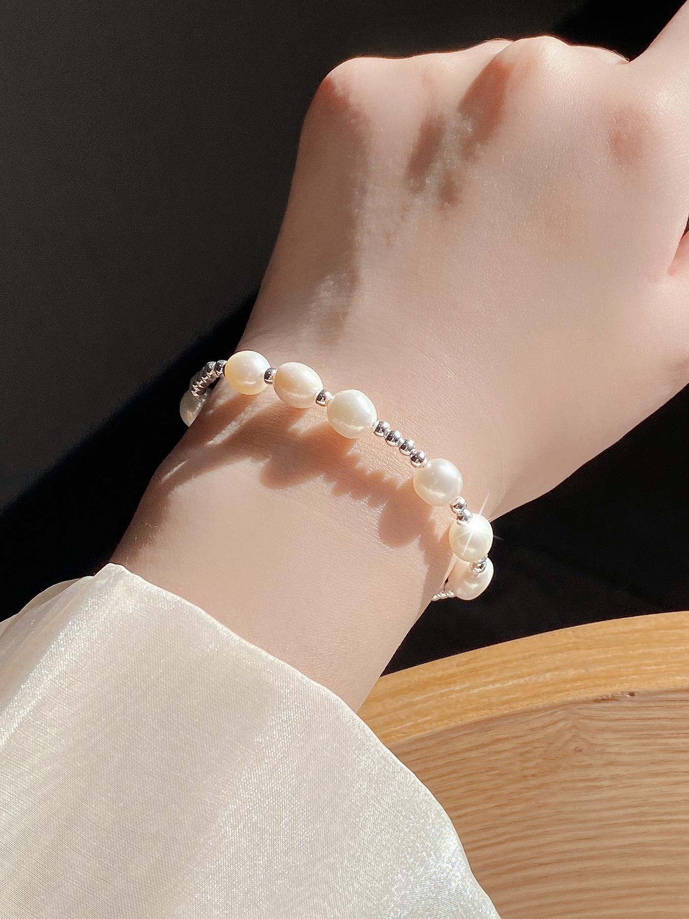 S925 Sterling Silver Freshwater Pearl Decorated Bracelet, Fashion Jewelry for Party, Daily Clothing Decor, Trendy All-match & Exquisite Jewelry for Birthday Gift