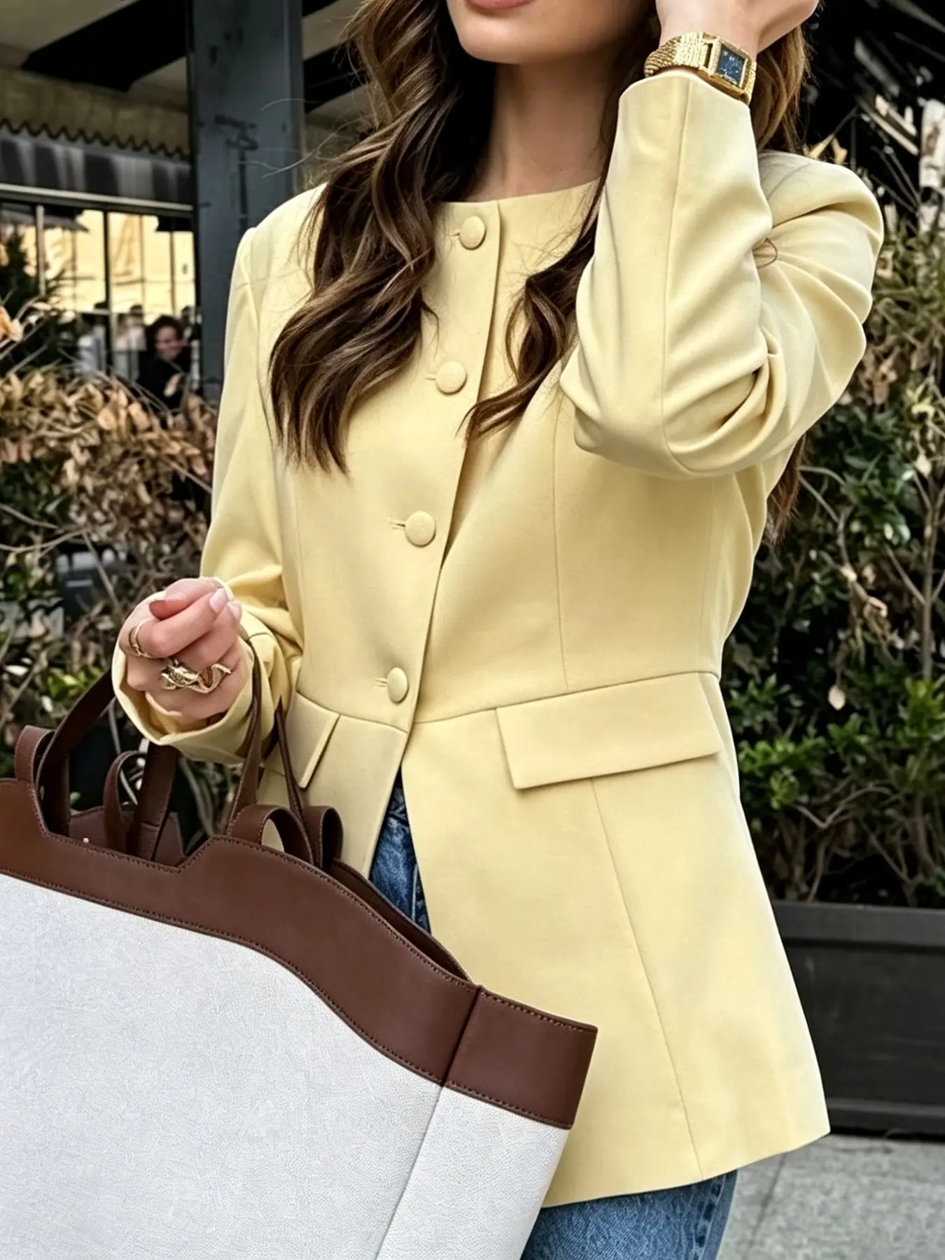 Women's Round Neck Waist-Cropped Blazer Jacket, Single Button Pocket Design, Long Sleeve Office Style, Elegant Small Suit Top