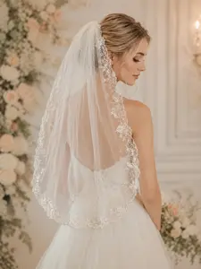French-style elegant bridal veil featuring intricate, heavy-work lace trim; single-layer soft tulle in off-white—perfect for weddings and destination wedding photography, Wedding Veils for Brides