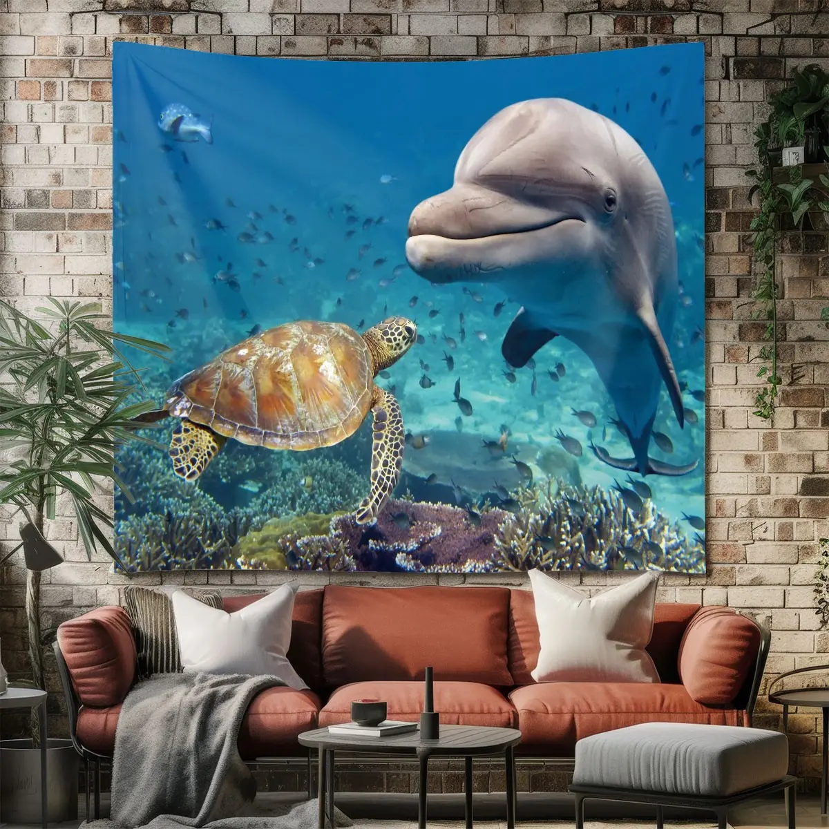 Dolphin & Turtle Print Wall Hanging Tapestry, Polyester, Easy Care, No Odor, Decor for Bedroom, Study, Hall, Gift Idea