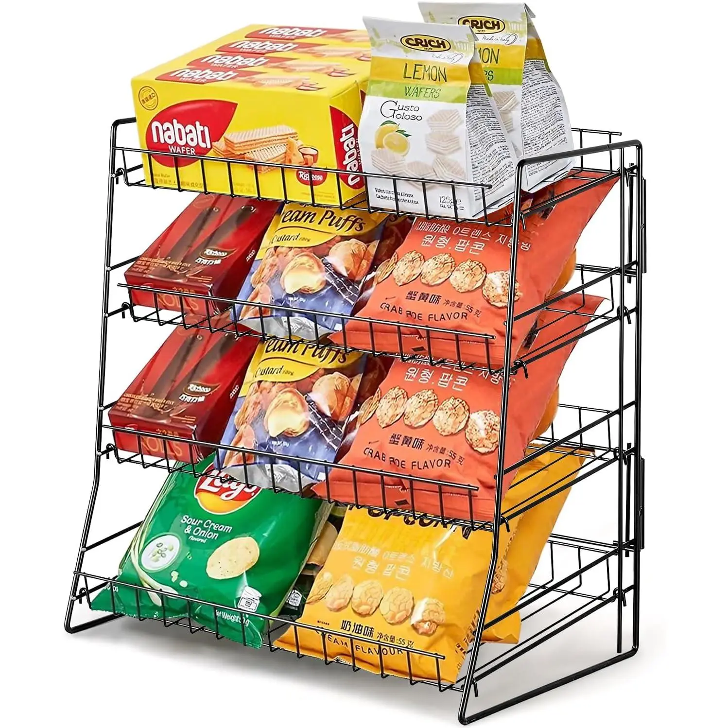 Candy Display Rack, 4 Tier Snack Organizer Countertop | Snack Organizer for Countertop, Chip Rack Display Stand Chip Bag Holder, Retail Display Shelf for Store Concession, Kitchen
