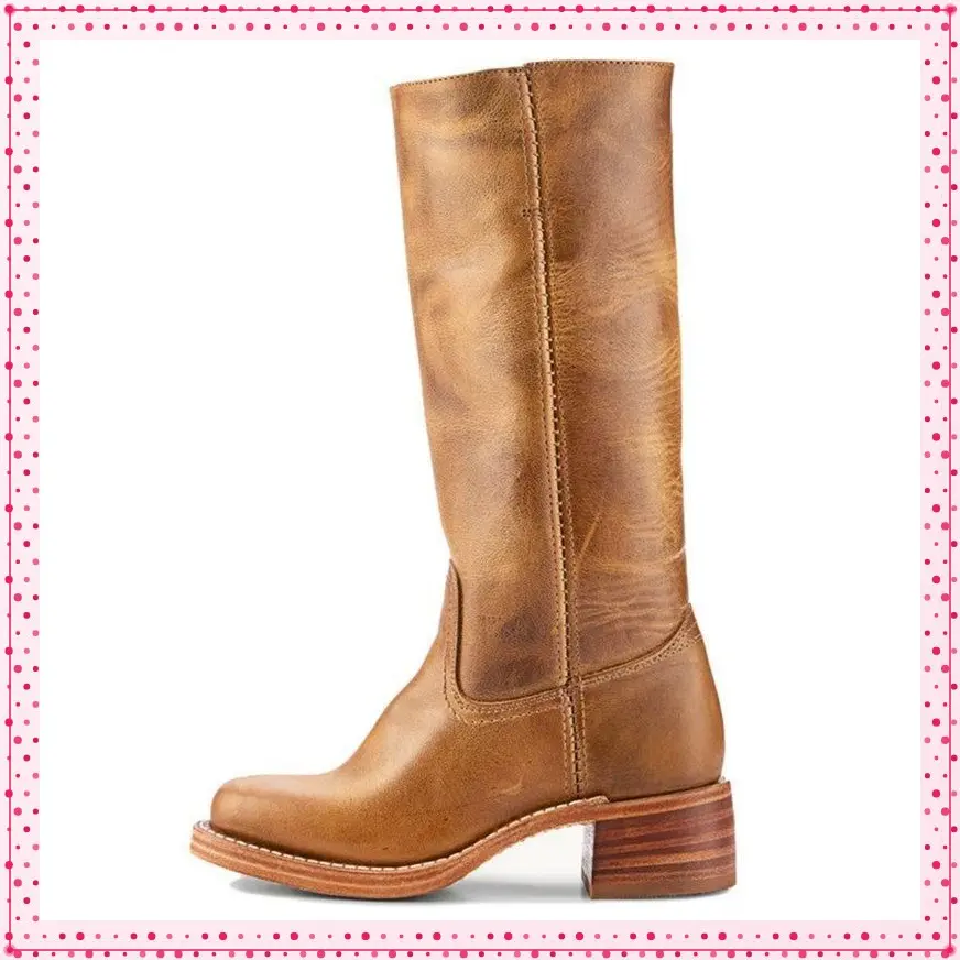 Shoe Shop Women's Knee-High High Heel Boots Banana Mid Calf Western Square Toe Comfortable Campus Chunky Riding Fall