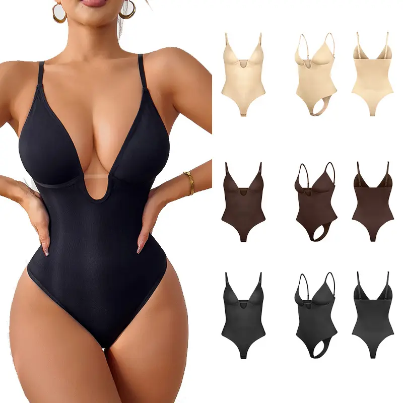 Best Selling Women Deep V Neck Sexy Bodysuit Open Crotch Thong Style Waist Shaping Underwear