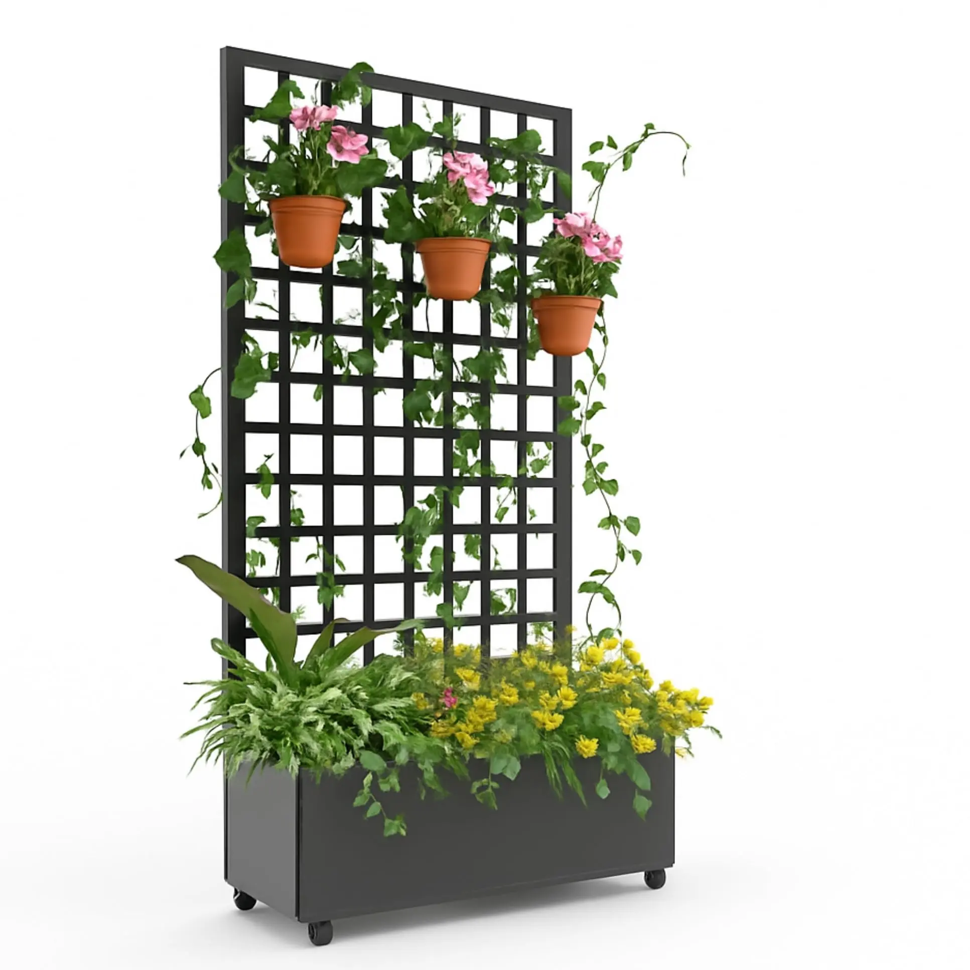 Square Lattice Metal Planter Box with Trellis on Wheels, Iron, Small and Large Sizes Available