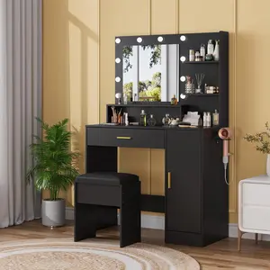 Vanity Desk with Lights and Mirror, 3 Color Dimming LED Makeup Vanity Table with Power Outlet, Blow Dryer Holder & Gold Handle, Dressing Table Set with Stool for Bedroom