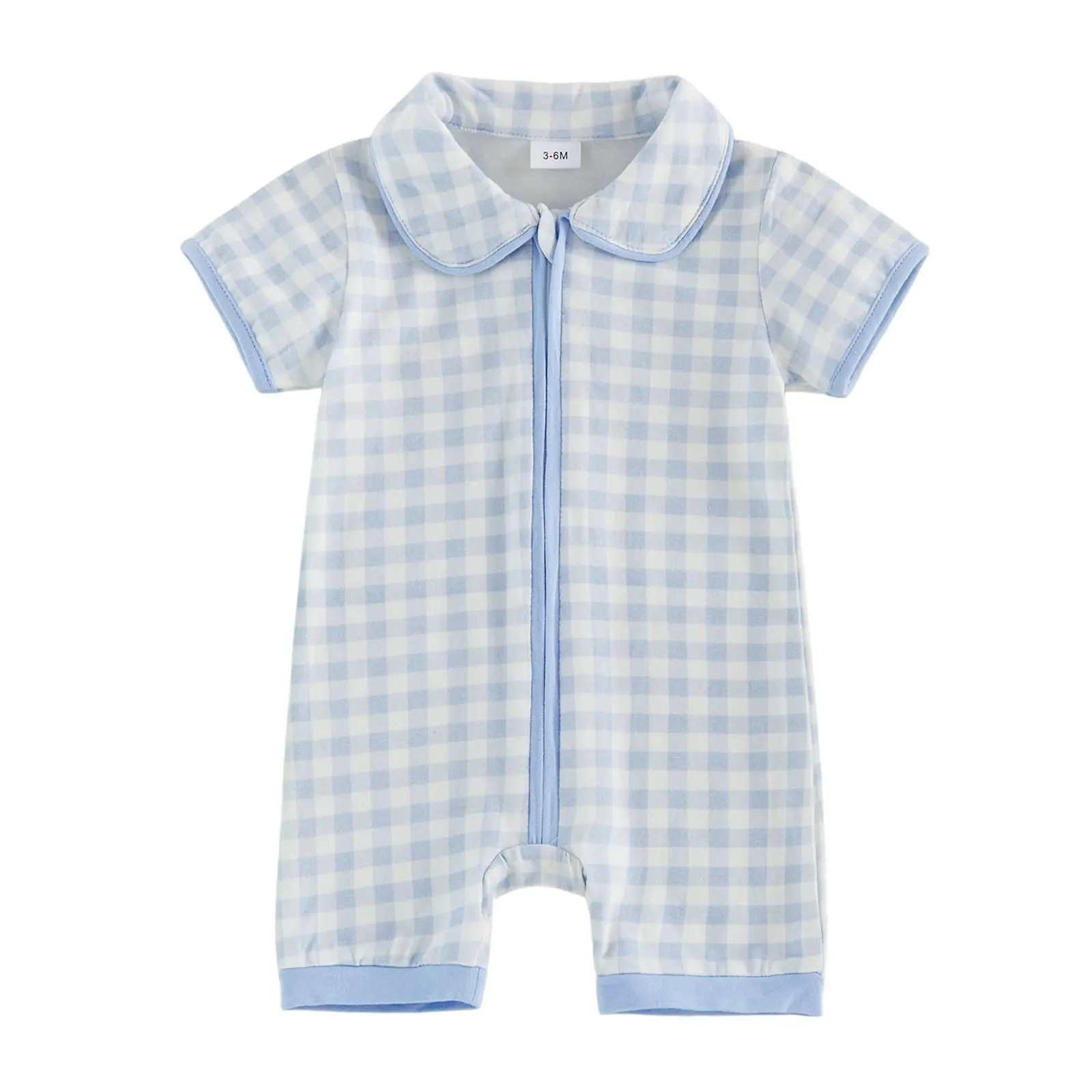 Newborn Baby Girl Boy Gingham Pajamas Romper Bodysuit Peter Pan Collar Short Sleeve Zipper Plaid  Jumpsuit Coming Home Outfit
