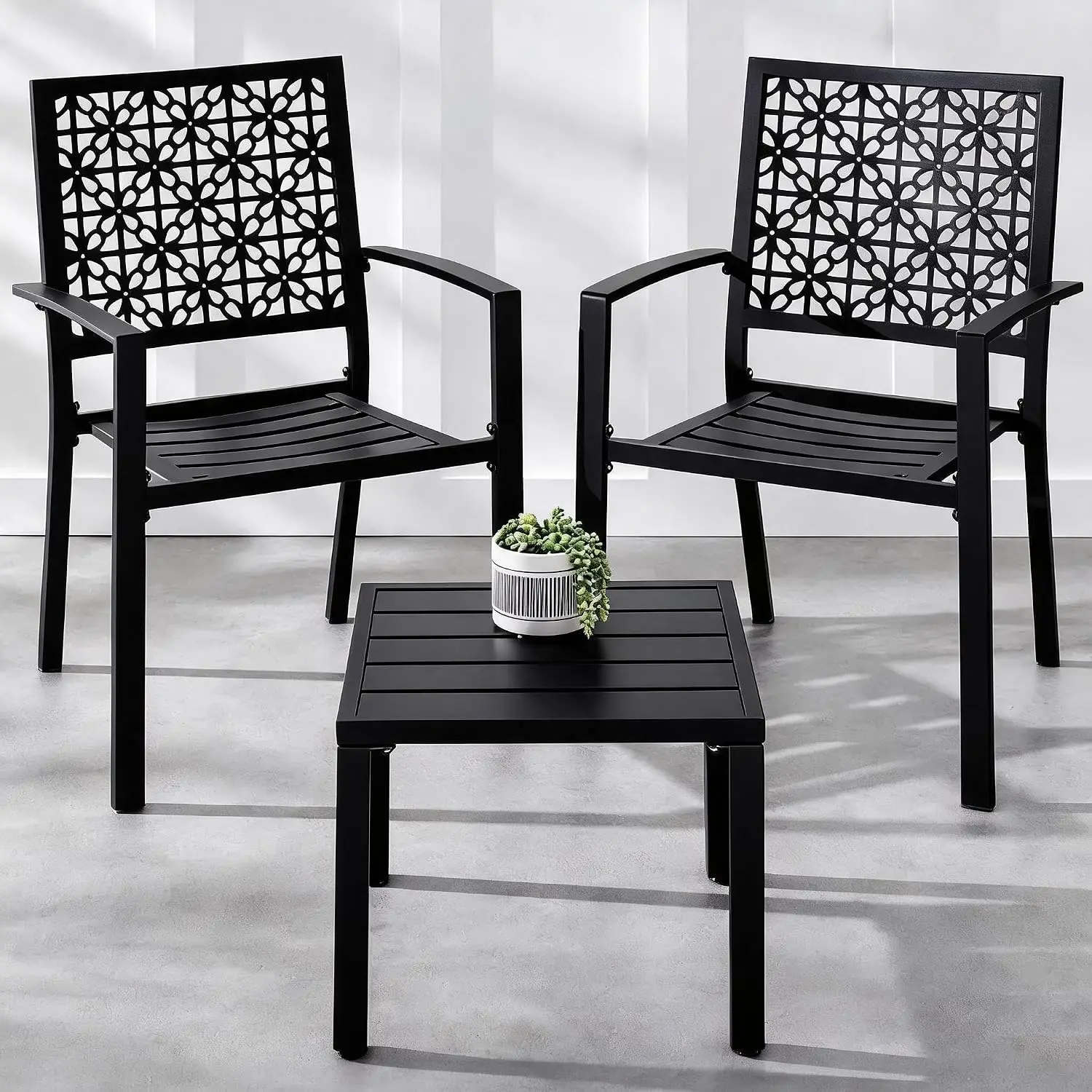 2 Pack Stackable Metal Garden Dining Chairs with Armrests | Space-Saving Stackable 136kg Weight Capacity Widened Ergonomic Seat Hollow-Carved Airflow Weatherproof Coated Steel
