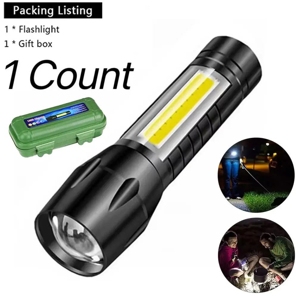 Portable USB Rechargeable LED Flashlight, Mini 3 Modes Outdoor Camping Fishing Light, Extendable Zoom COB Side Lamp, Multi-Function Strong Light