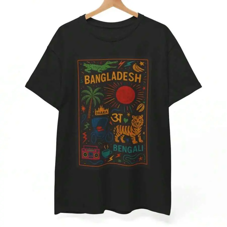 Women's Cotton Blend Regular Fit Oversized Crew Neck Short Sleeve T-Shirt Tee, Bangladesh Dhaka Bengal Tiger Art Geometric Print Cultural Heritage Casual Travel Top