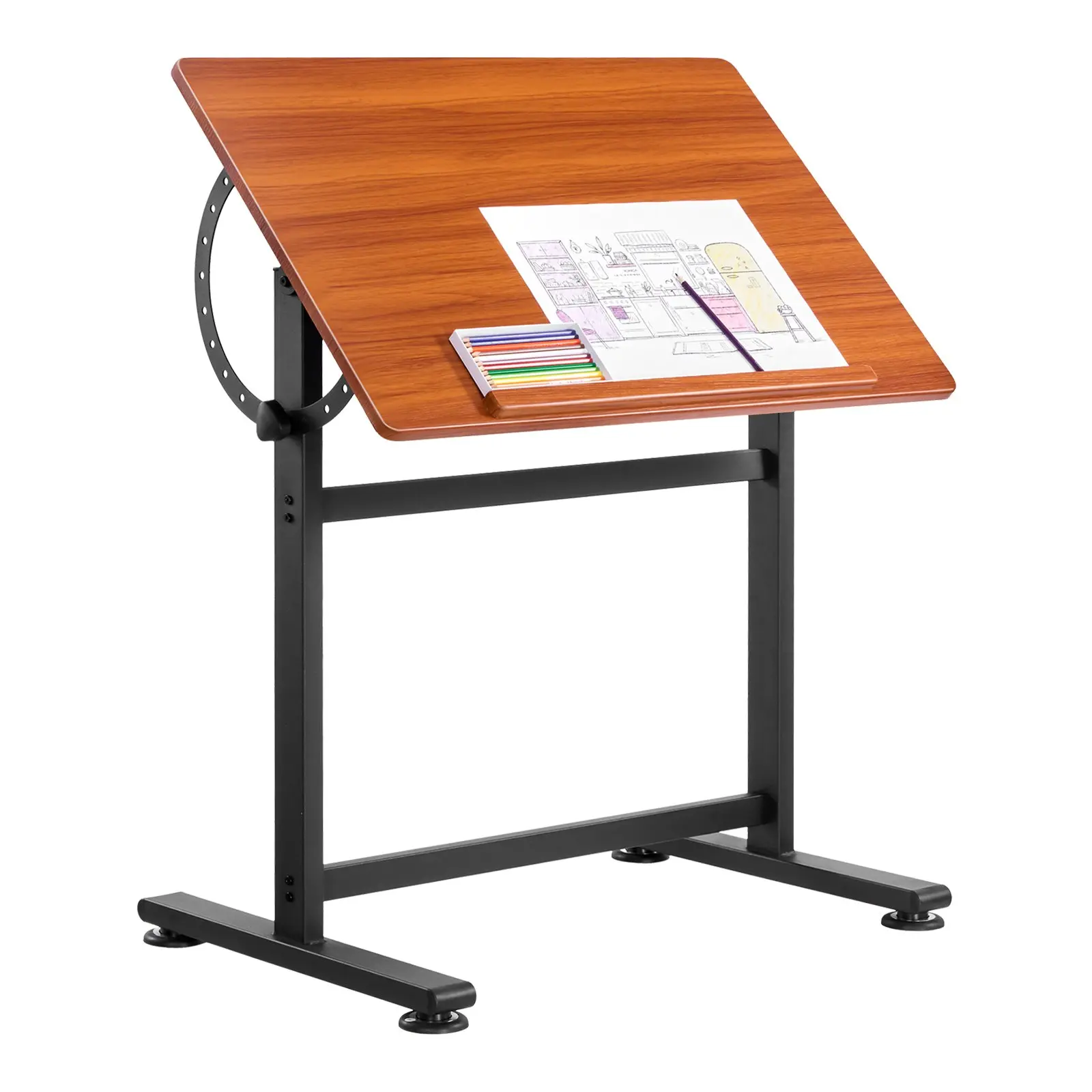 VEVOR Drafting Table, Adjustable 0-90 Tilt Drawing Desk, Portable Artist Table with Black H-Frame and Brown Desktop, Wooden Painting Desk Craft Workstation for Reading, Writing, Crafting, Meeting