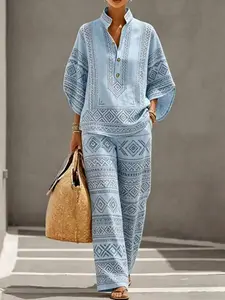 Women's Ethnic Print Fashion Casual Batwing Sleeve Set, Stylish and Comfortable, Perfect for Daily Wear and Special Occasions