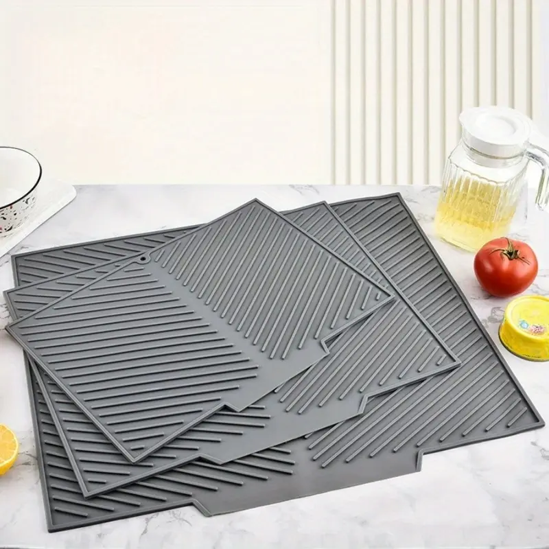 1pc Silicone Drain Mat with Drainage Opening, Non-Slip Heat-Resistant Placemat for Kitchen, Dining Table, and Bathroom - Gray, Rectangular Design for Efficient Water Flow and Spill Prevention, Kitchen Floor Mat