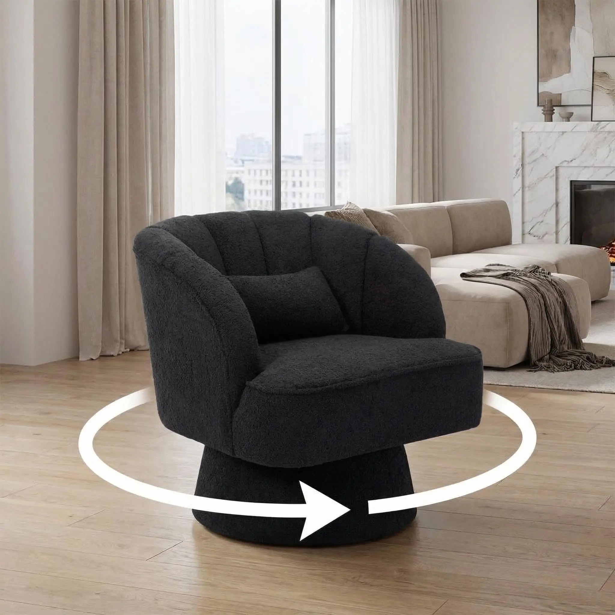 Garvee Modern Swivel Barrel Accent Chair, 360° Teddy Fabric Upholstered Armchair with Striped Backrest & Plush Padding, Comfy Round Lounge Chair for Living Room, Bedroom, Reading Nook, Black