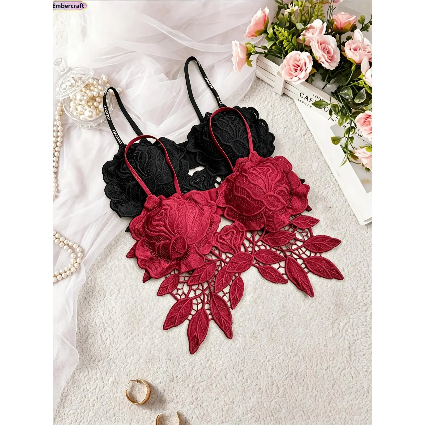 2-Pack Bralette for Women, Casual Jacquard Lace Cami with Hollow Cutout, Padded Wireless Polyester Elastane Crop Top, Knitted, Lady, Bra Clothes, Cami Top, Stretch Fit, Adults