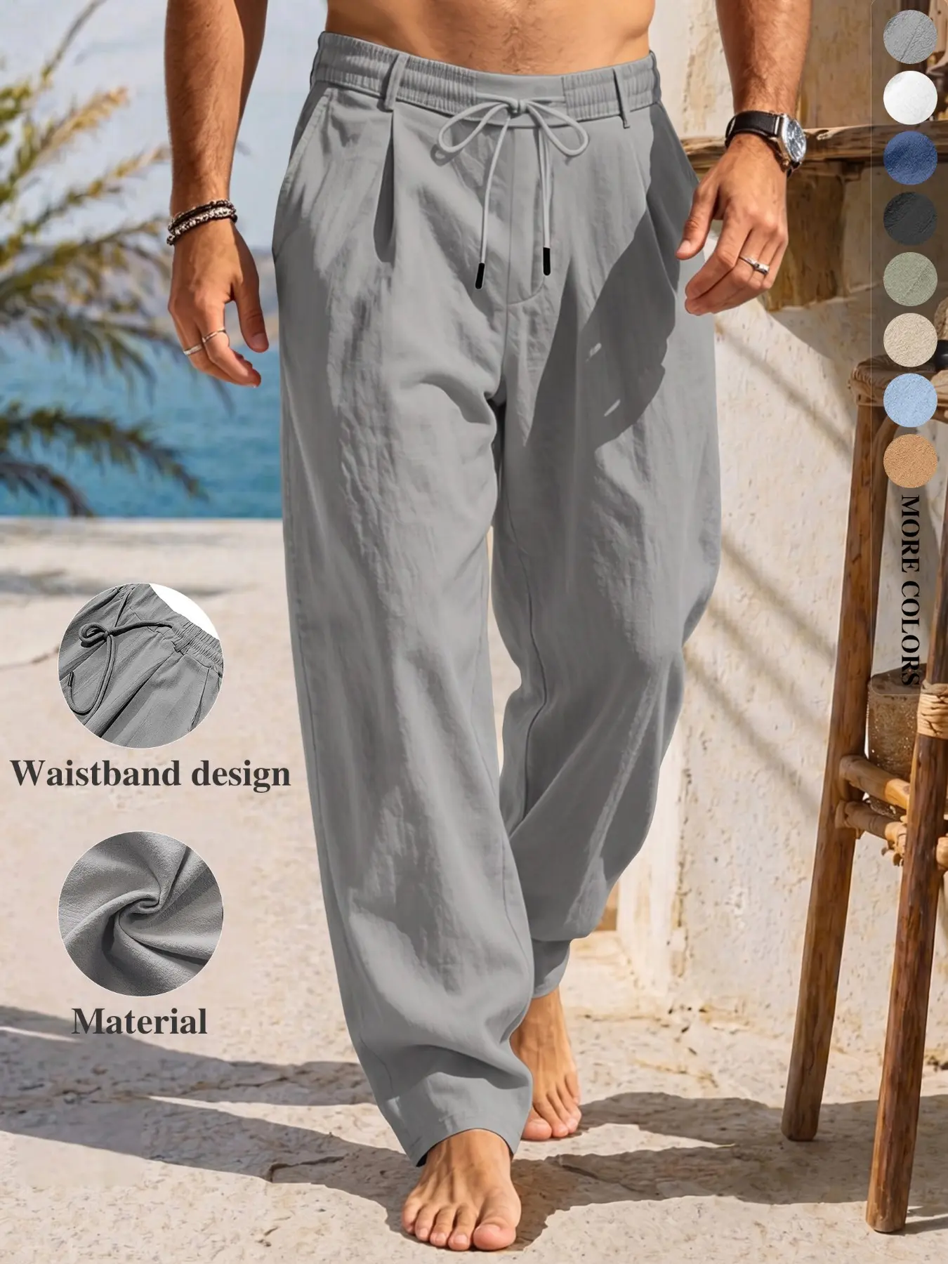 Men's Summer Casual, Lightweight Trousers – Straight-leg, linen-look, pockets, drawstring waist. Suitable for beach, vacation, home, outdoors, and city wear. Features a trendy, streetwear-inspired, minimalist, and retro style. Versatile feel