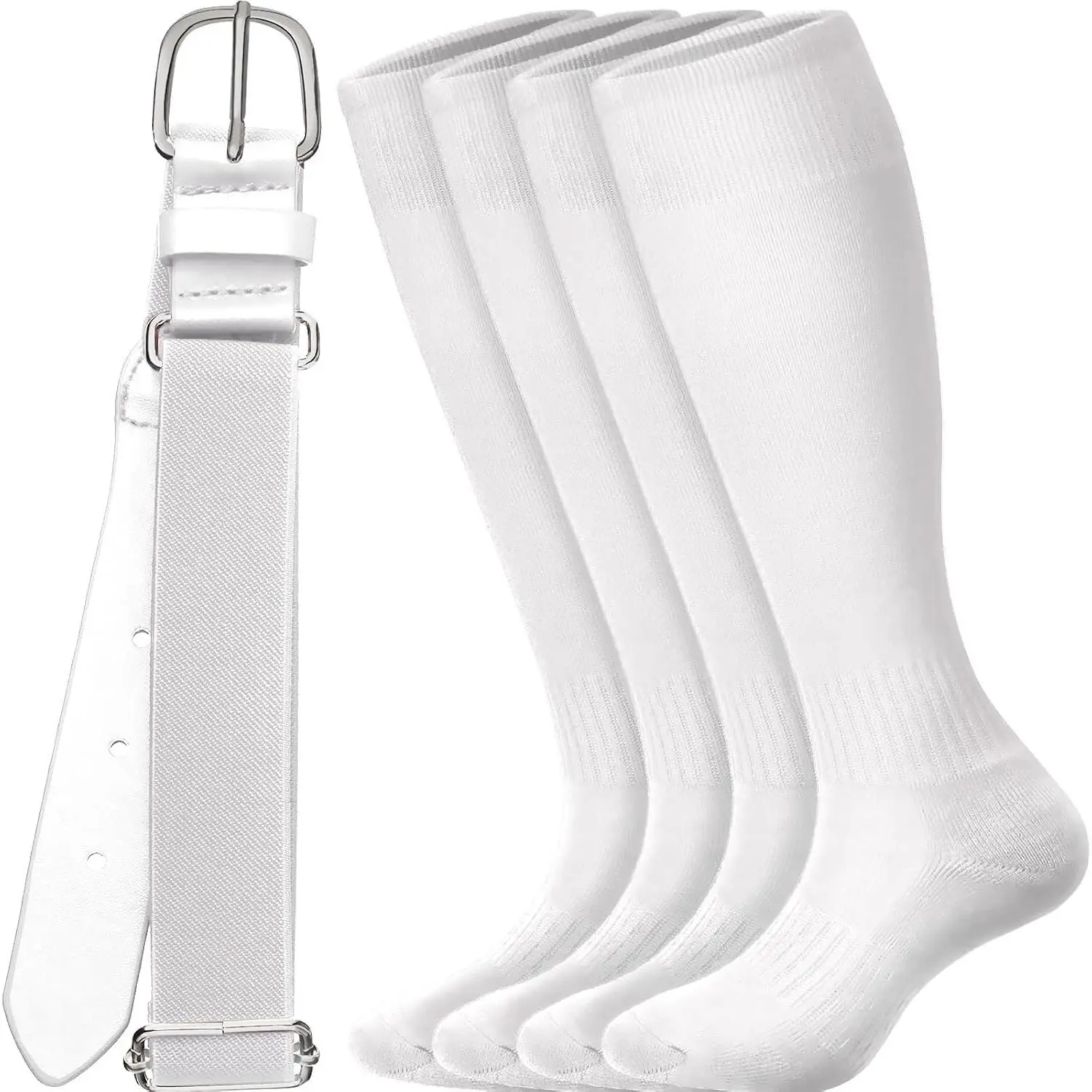 Baseball Belt and Socks White Combo Set Adjustable Multisport Men's Baseball Belts with Softball Sock Elastic Waist Belt for Girl Boy