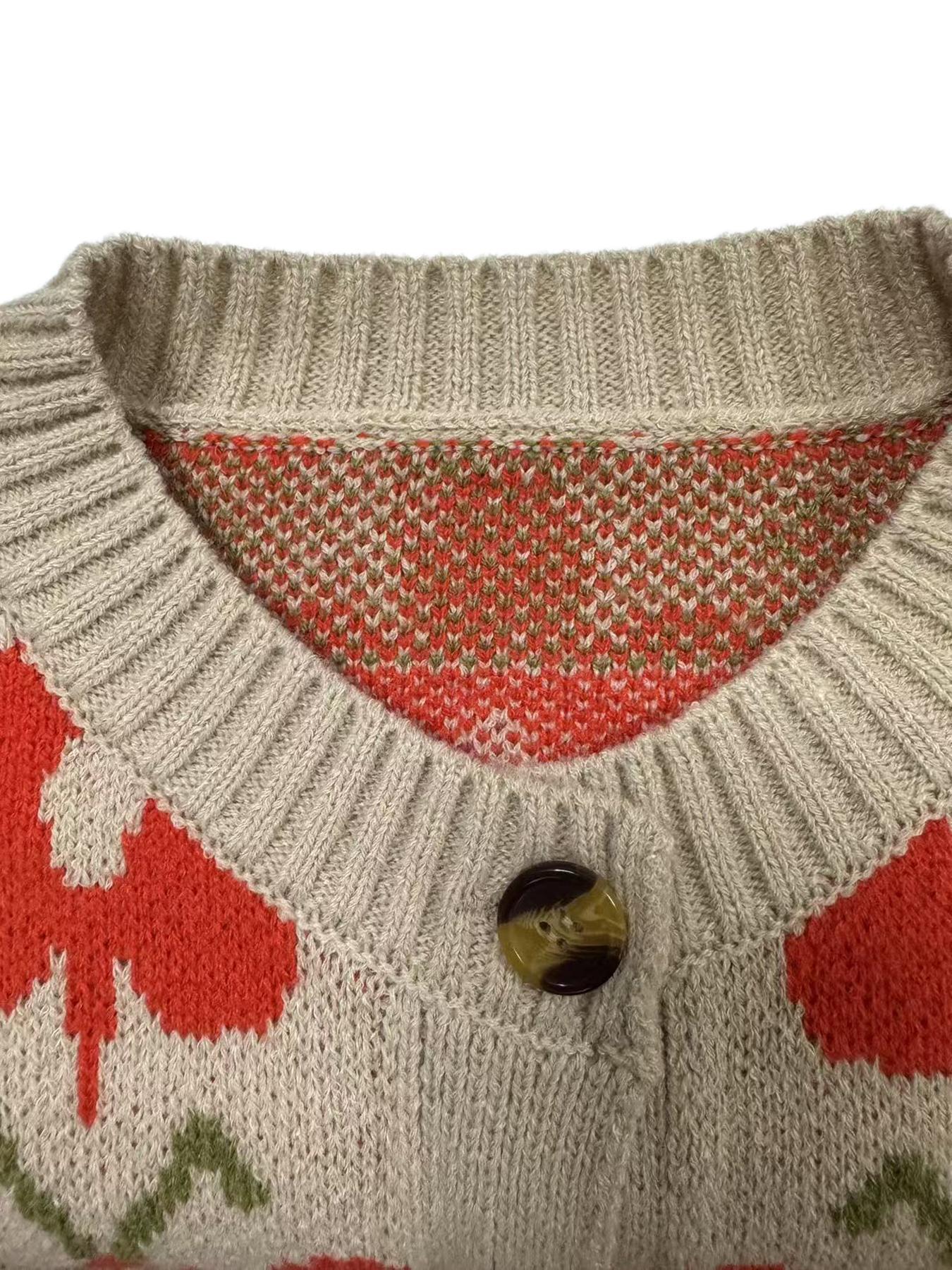 Vintage Floral Jacquard Knit Cardigan, Button Front Long Sleeve Sweater, Fitted Soft Comfortable Fall & Winter Fashion, Elegant Women's Outerwear Knitwear