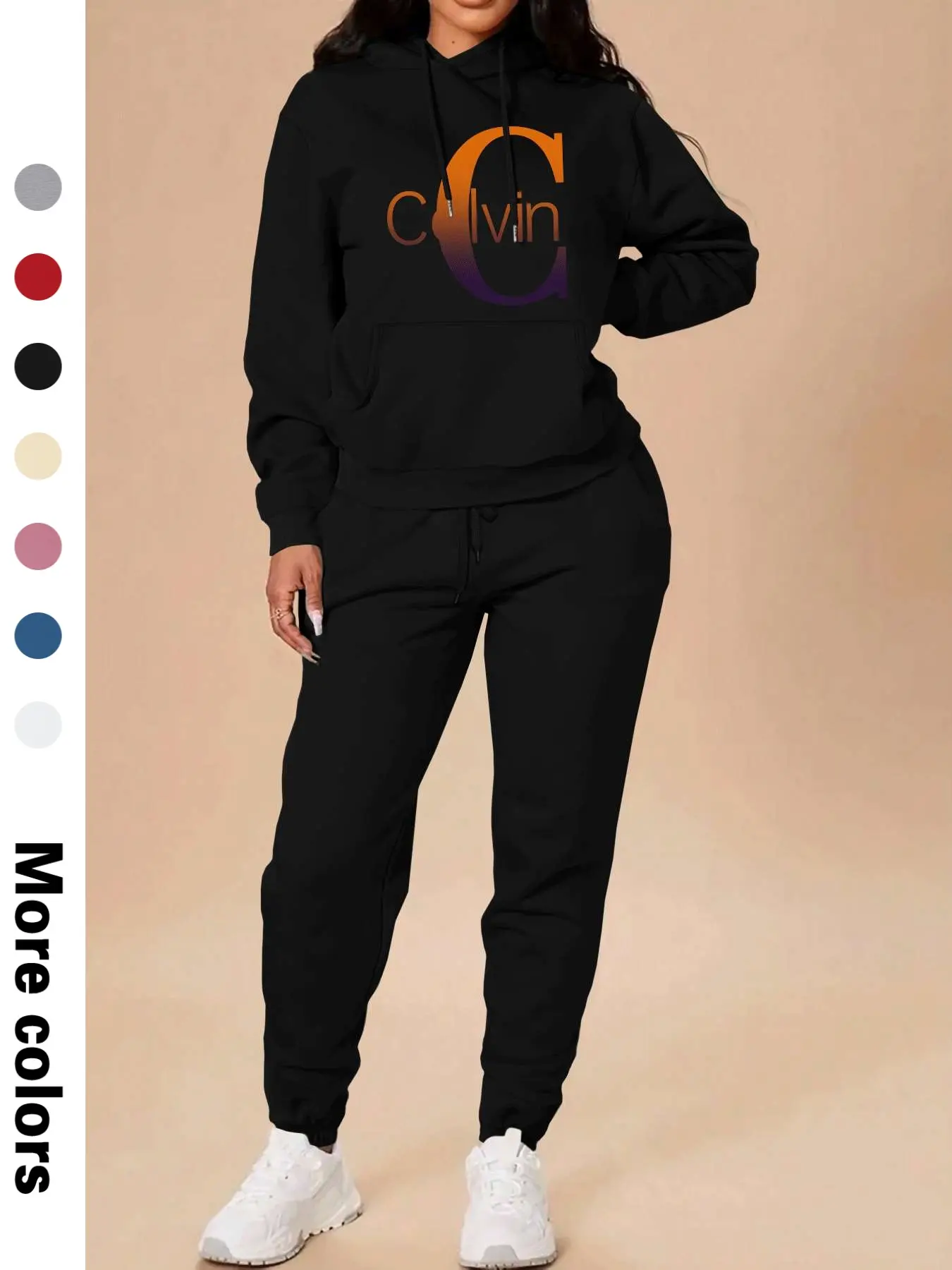 Women's Calvin Letter Print Hoodie Set, Casual Long Sleeve Sweatshirt & Pants, Spring & Fall Fashion, Fitted Design, Pocket Detail