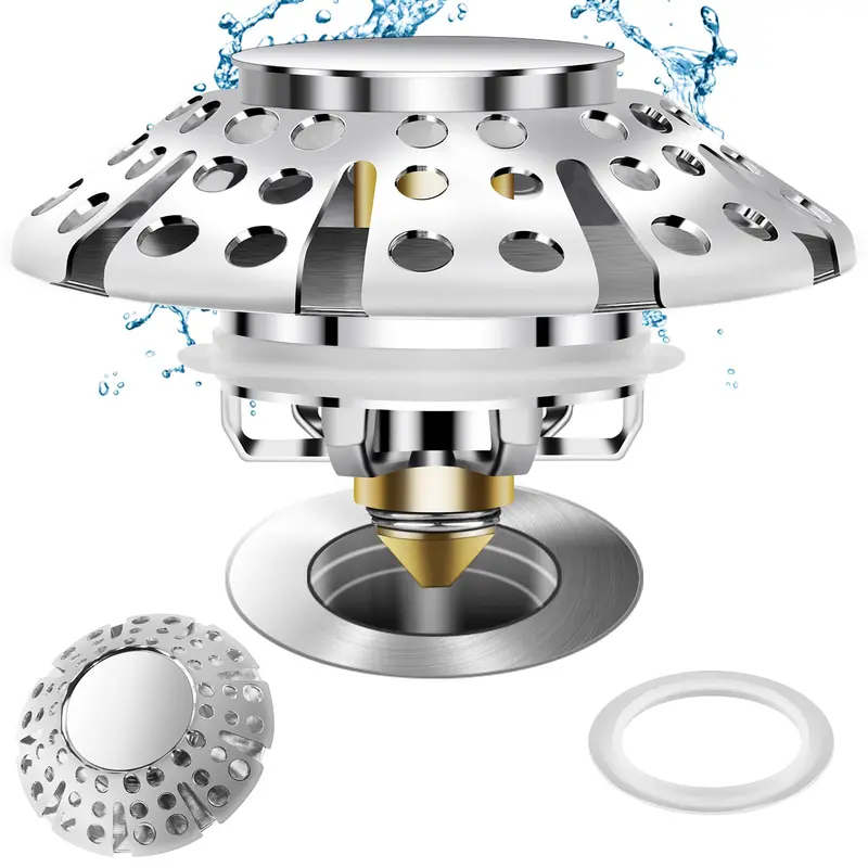 2 in 1 Bathtub Drain Stopper, 1/2pcs Pop-Up Tub Stopper with Effective Filter Basket, Anti-clogging Bathtub Drain Plug, Anti Clogging Drainage, Bathroom Supplies, Bathroom Essentials Accessories, Bathtub Drain Cover