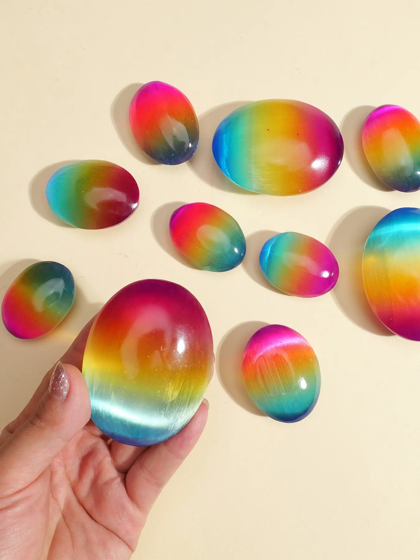 Electroplated Selenium Stone Rainbow Cat Eye Oval Worry Stone, Colorful Chakra Palm Stone, Matte Healing Crystal Meditation Handstone