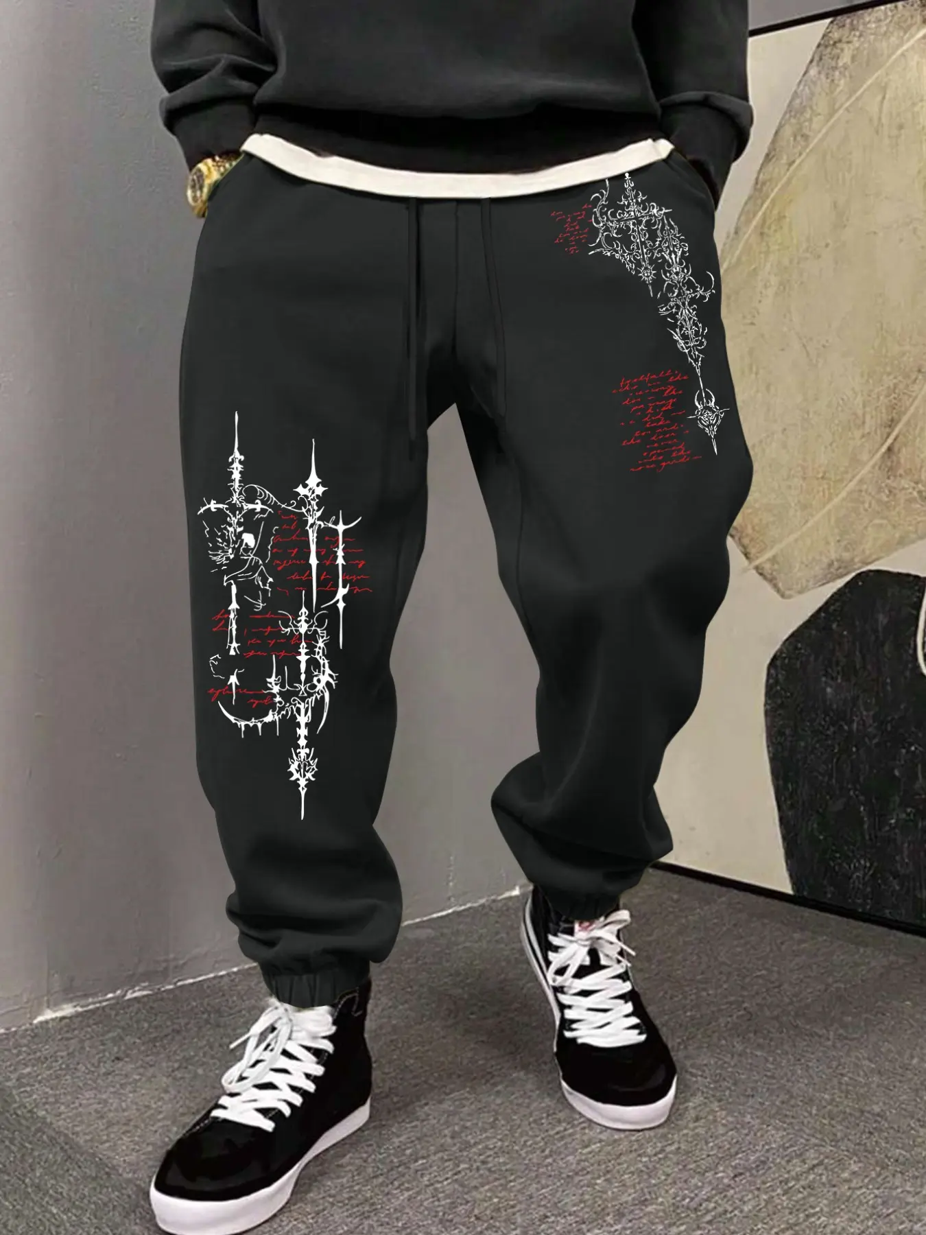 Men's Gothic Cross Print Sweatpants, Street Style Fitted Drawstring Waist Pants, All-Season Casual Sport Long Pants