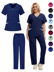 Unisex Medical Scrub Set Short Sleeve Vneck Surgical Uniform Nurse Doctor Work Wear Breathable Scrubs Comfortable Hand Washing Clothes For Hospital Clinic Elastic Solid Color Medical Uniform Scrub Suits For Healthcare Workers