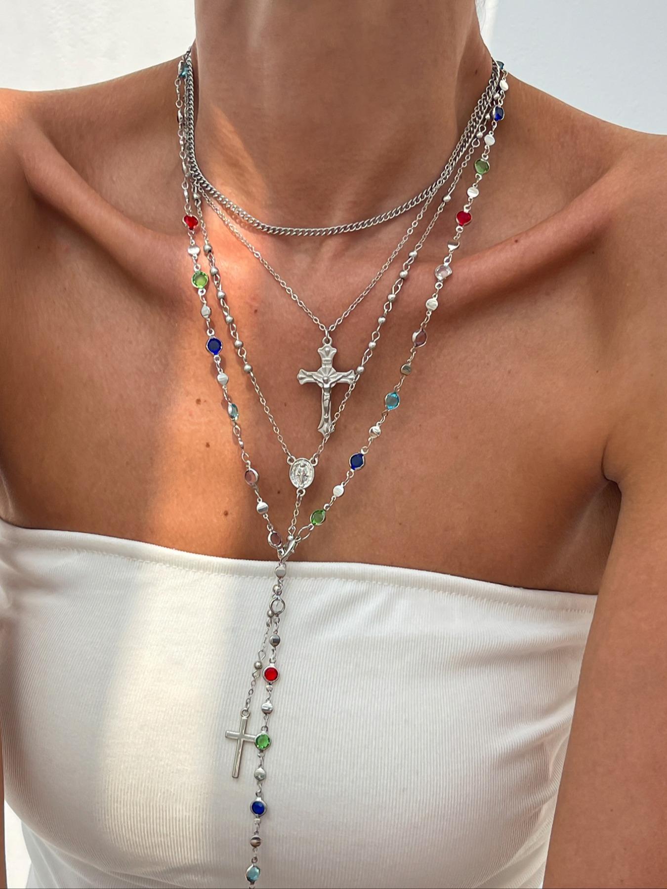 4 Piece Set Vintage Metal Jesus Cross Y-Style Long, Bohemian Style Boho Chic Colorful Crystal Glitter Cross Pendant Jewelry, Perfect Fashion Gift for Women