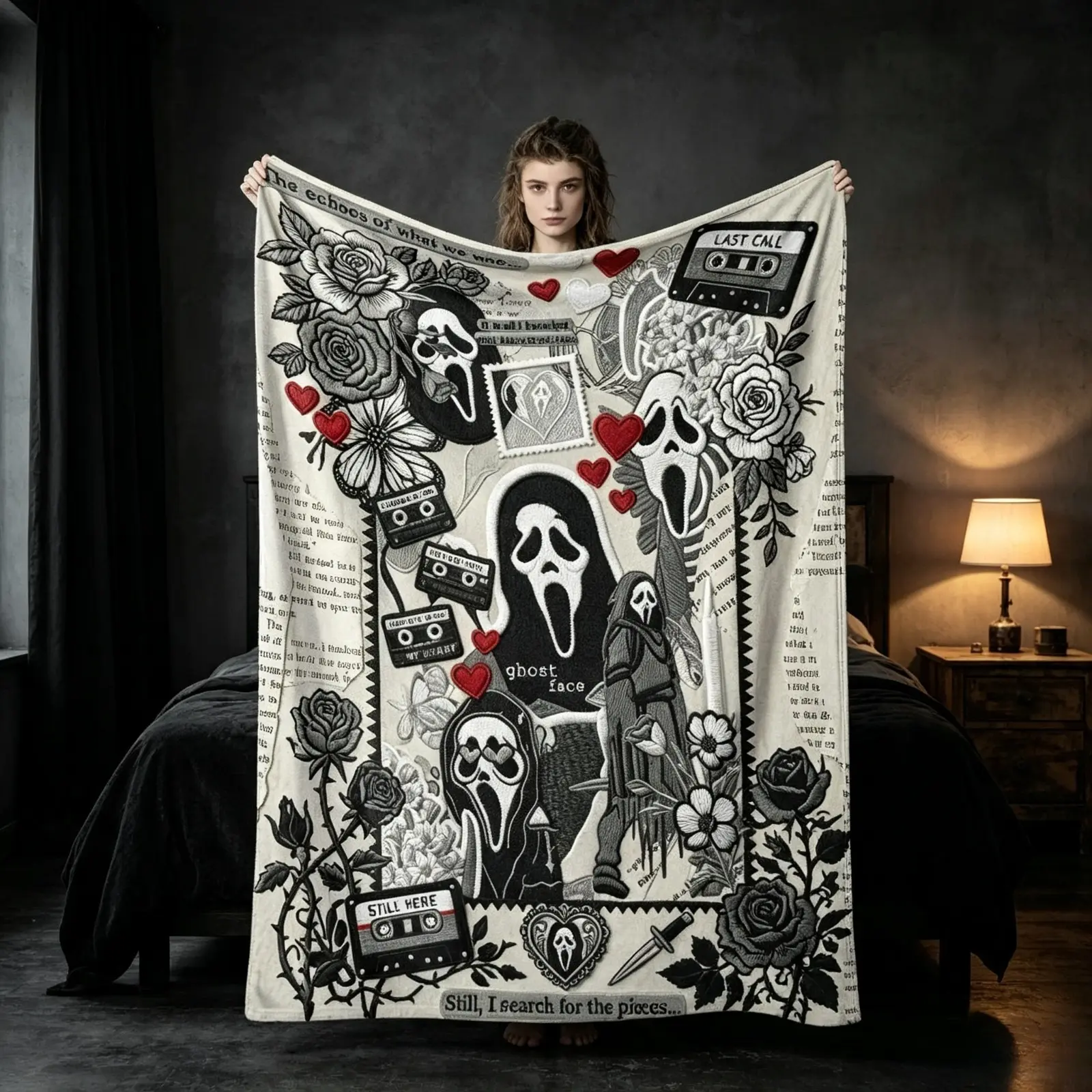 Gothic Horror Roses Floral Flannel Throw Blanket Spooky Face Pattern Soft Cozy Lightweight Fleece Blanket Kids Adults Air Conditioning Blanket Halloween Home Decor Bedroom Sofa Bed Art Print Gift Decorative Blanket