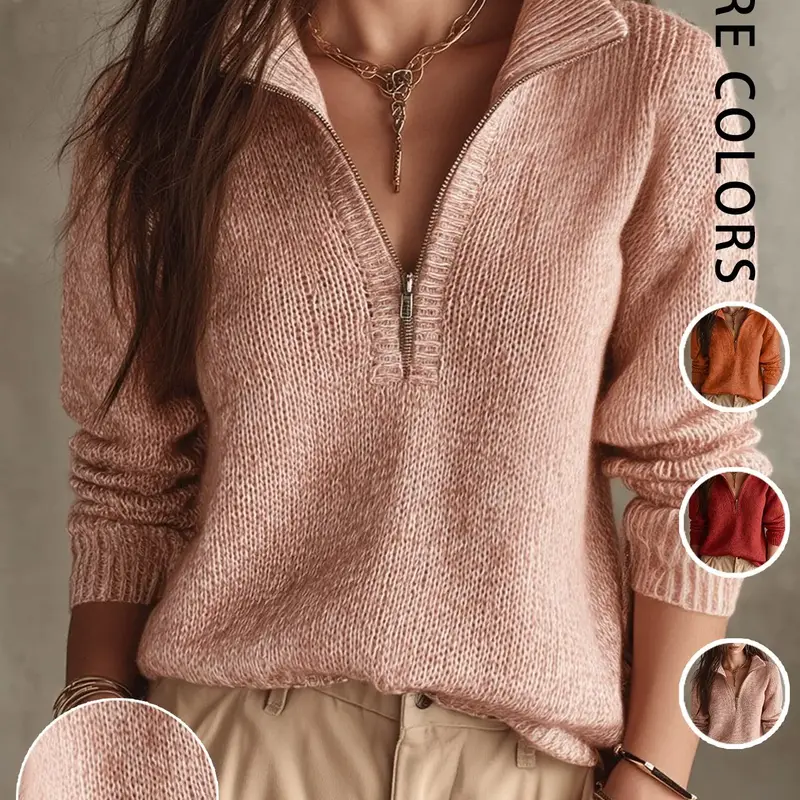 Women's Half-Zip Collar Knit Sweater, Spring & Fall Casual Long Sleeve Pullover, Basic Style Top for Daily Commute, Parties and Dates, Knitting
